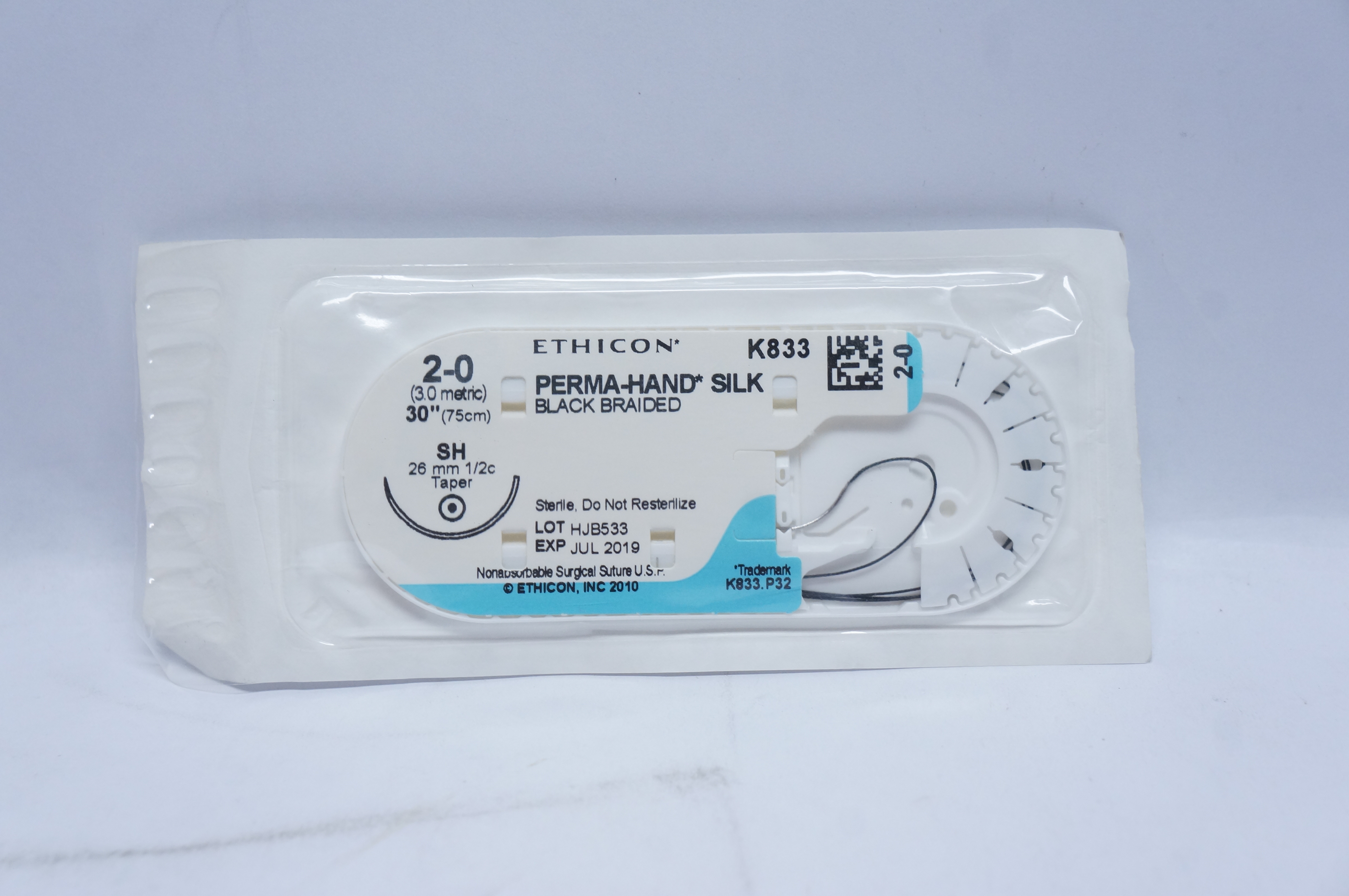 Ethicon K833 2-0 PERMA-HAND SILK, SH, 26mm 1/2c Taper, 30inch (x)