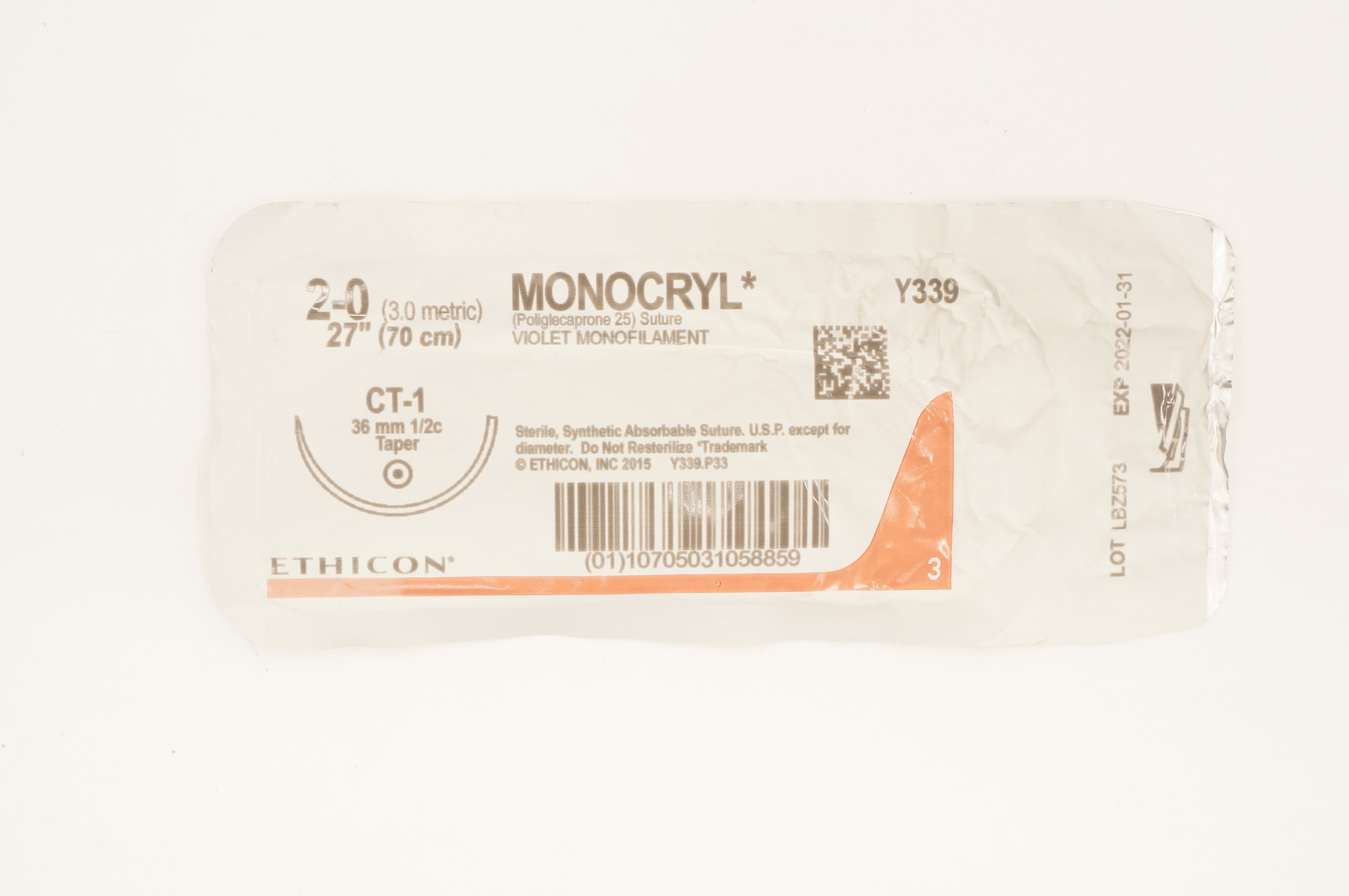 Ethicon Y339 2-0 MONOCRYL CT-1 36mm 1/2c Taper 27inch (x)
