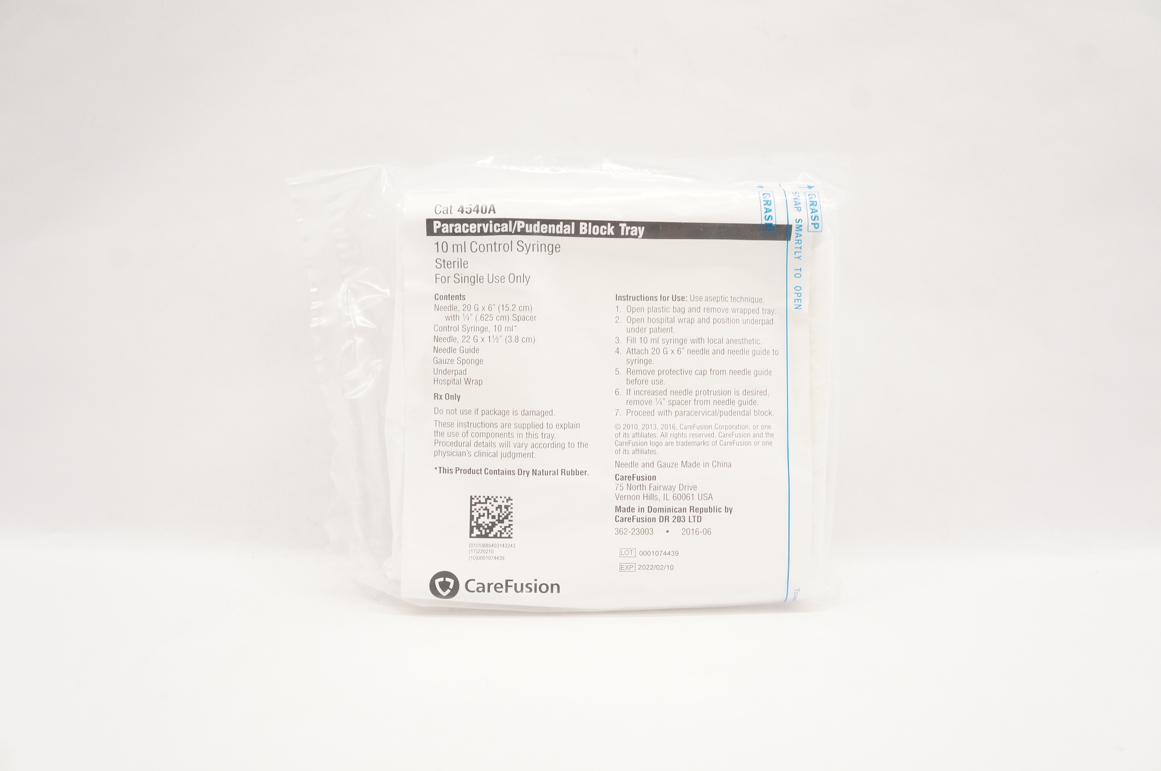 CareFusion 4540A Paracervical/Pudendal Block Tray 10ml Control Syringe (x)