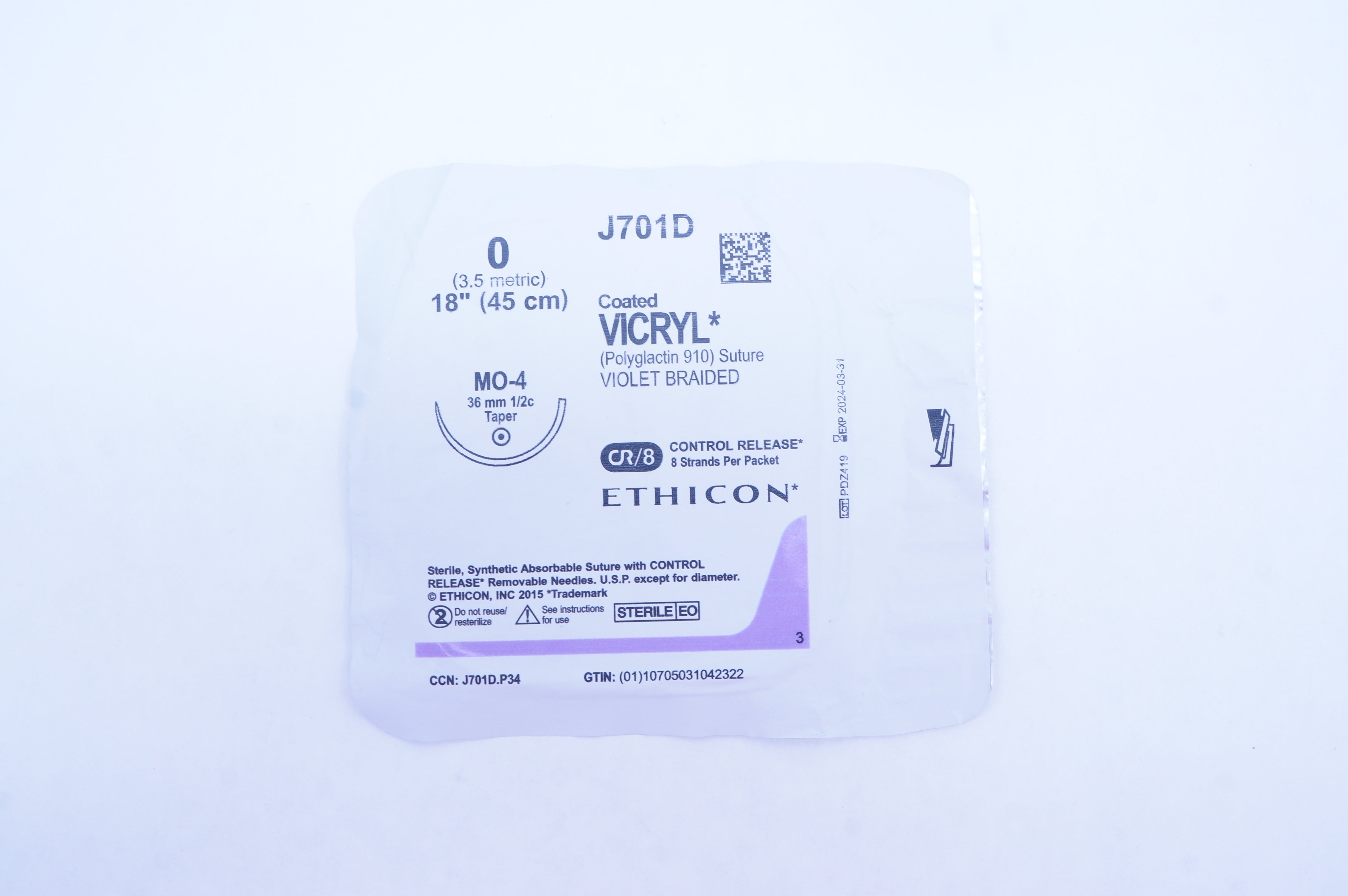 Ethicon J701D 0 Coated VICRYL MO-4 36mm 1/2c Taper, 18inch