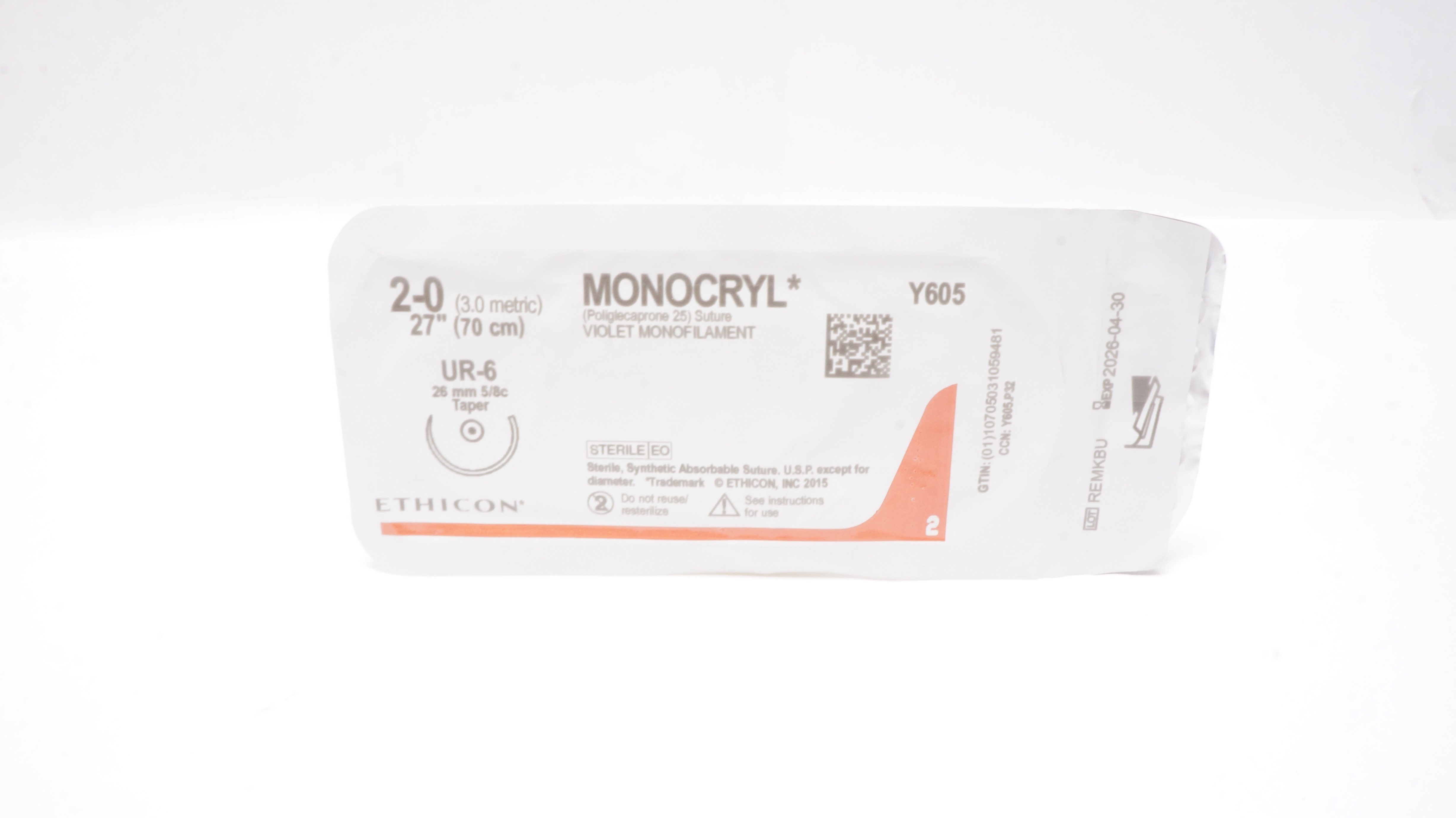 Ethicon Y605 2-0 MONOCRYL Violet Monofilament, UR-6, 26mm 5/8c Taper, 27inch