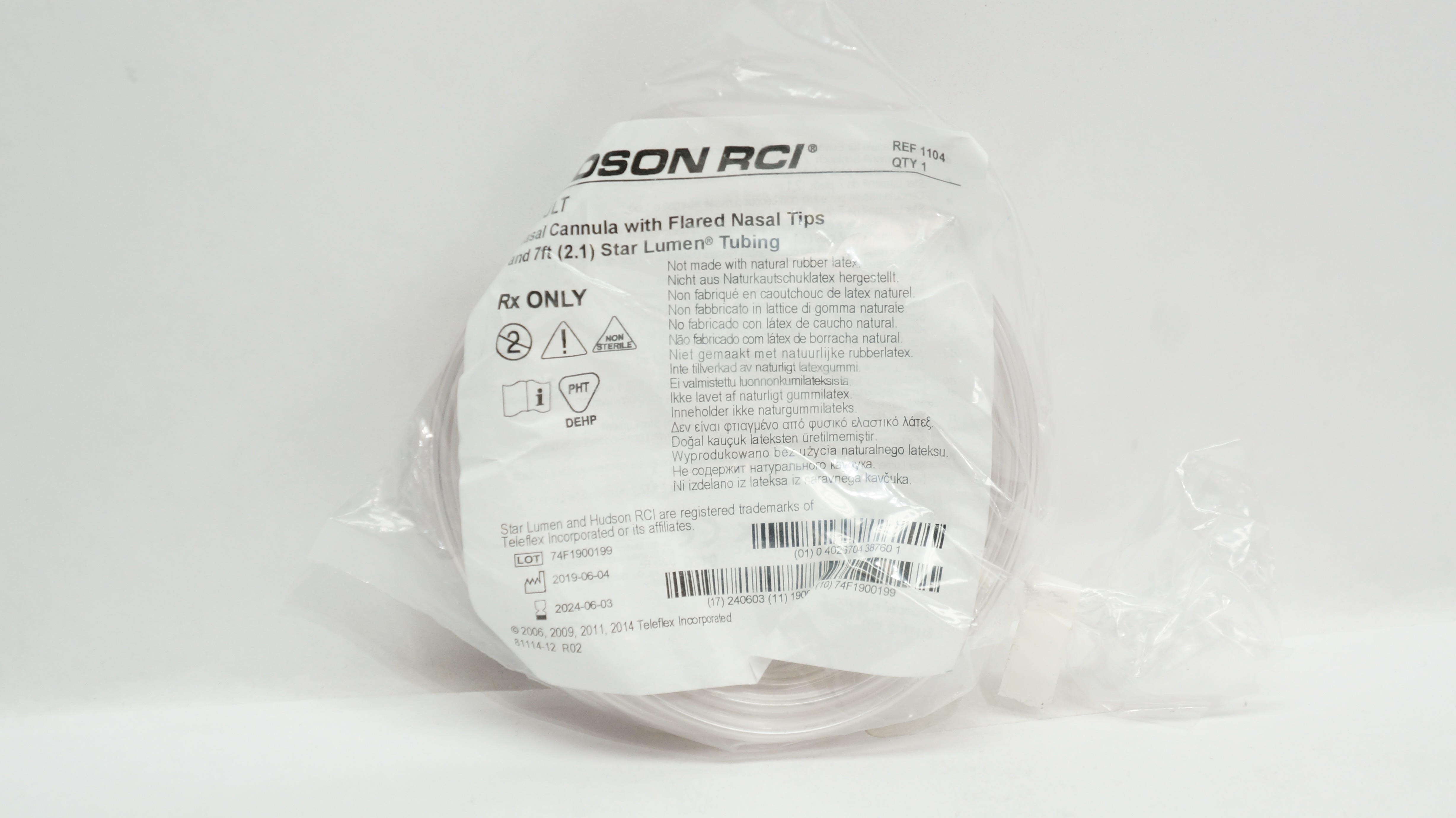 Teleflex 1104 Hudson RCI Adult Nasal Cannula w/Flared Nasal Tips 7ft. Tubing