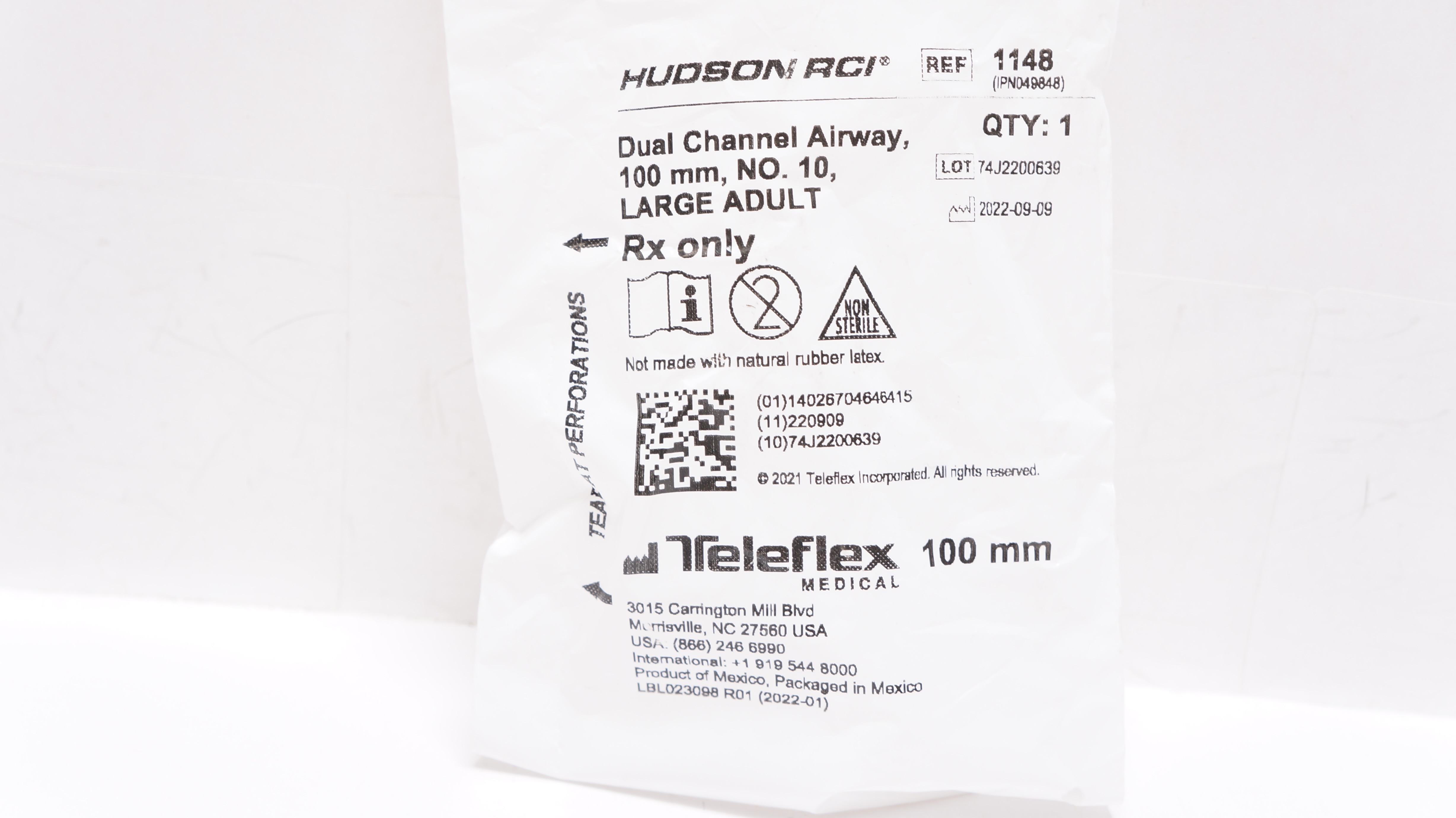 Teleflex 1148 Hudson RCI Dual Channel Airway 100 mm, NO.10, Large Adult