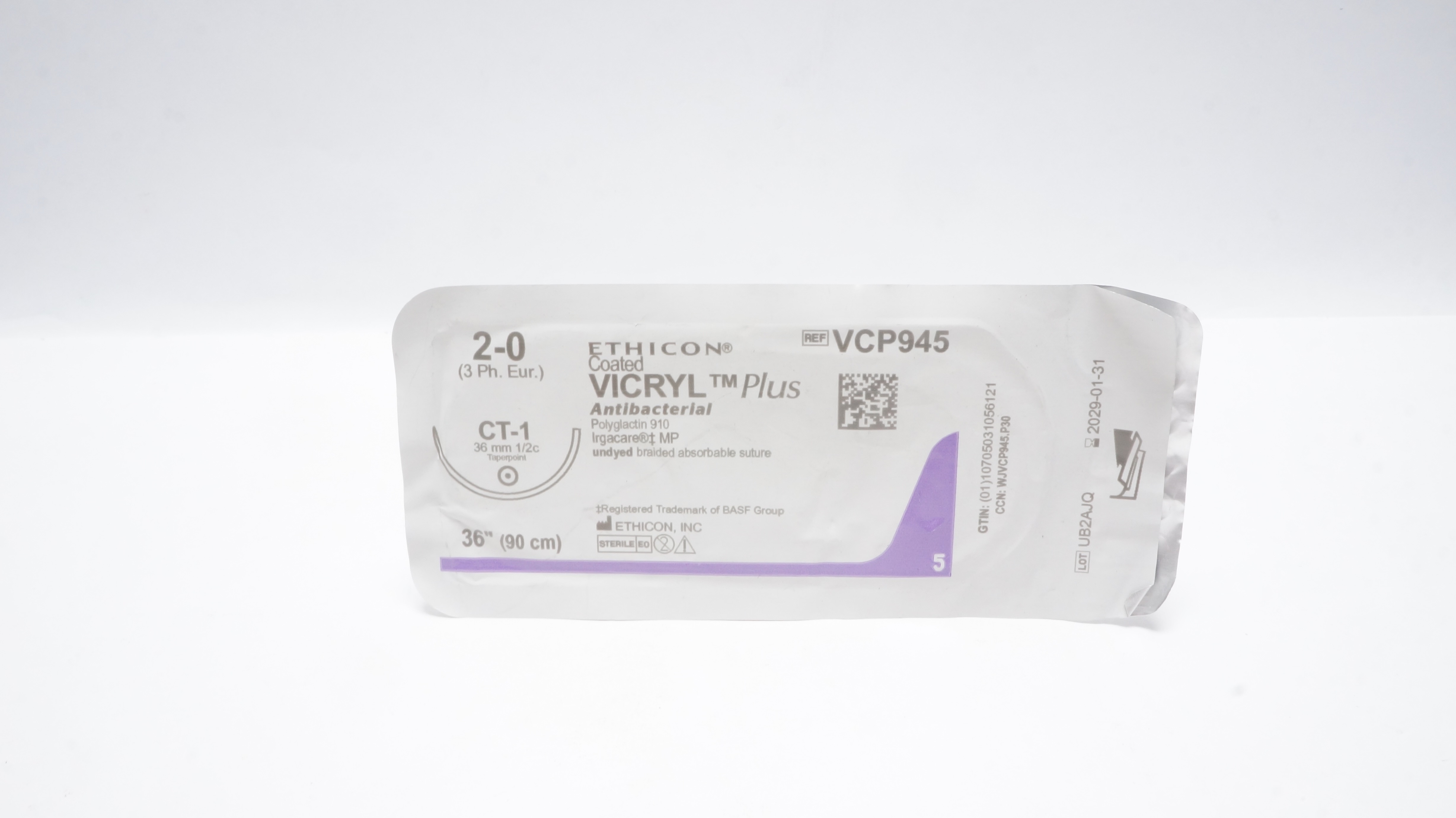 Ethicon VCP945 2-0 VICRYL Plus Polyglactin Stre CT-1 36mm 1/2c Taperpoint 36inch