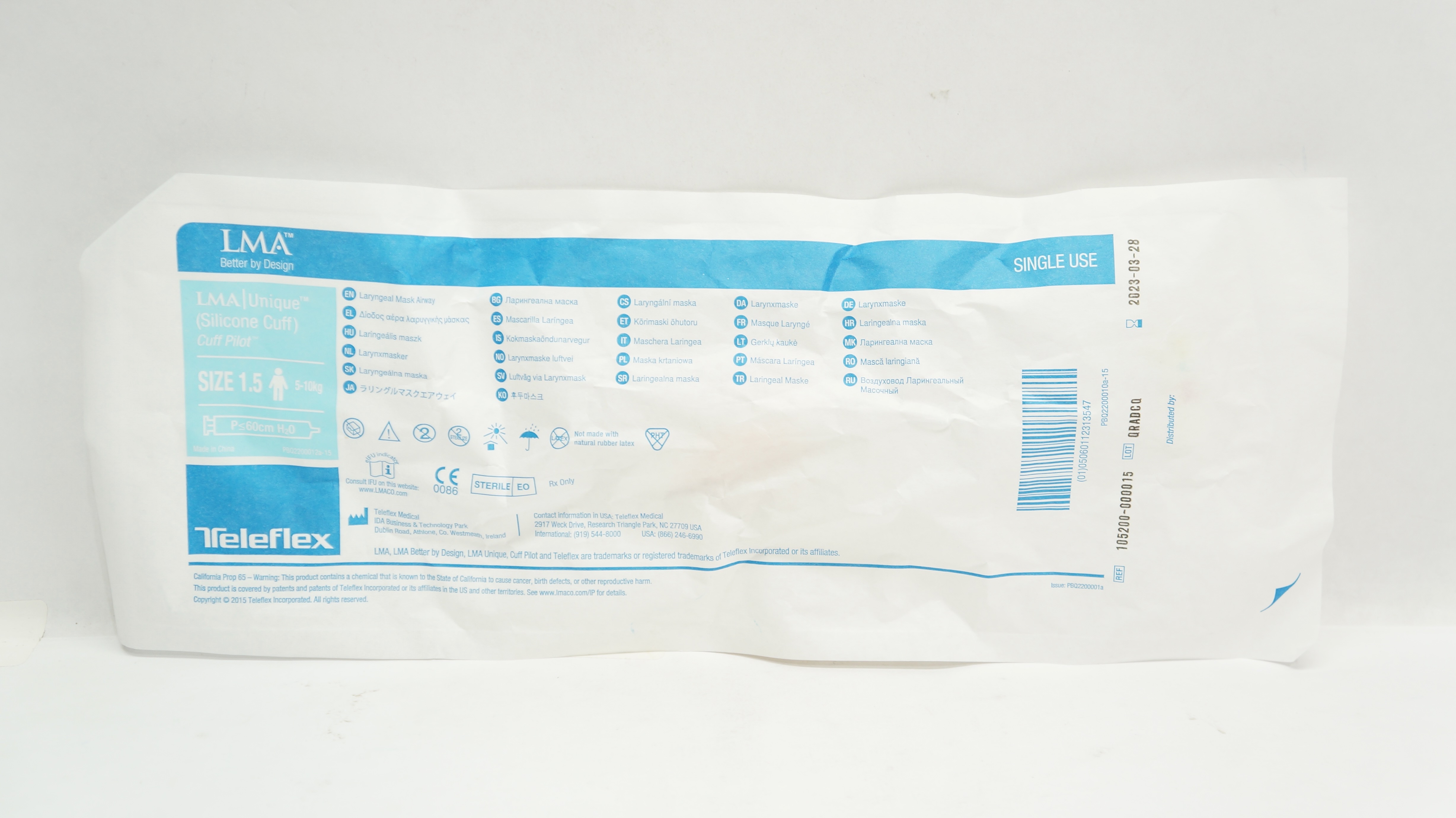 Teleflex 105200-000015 Laryngeal Mask Airway Size 1.5, 5-10kg, P≤60cm H2O (x)