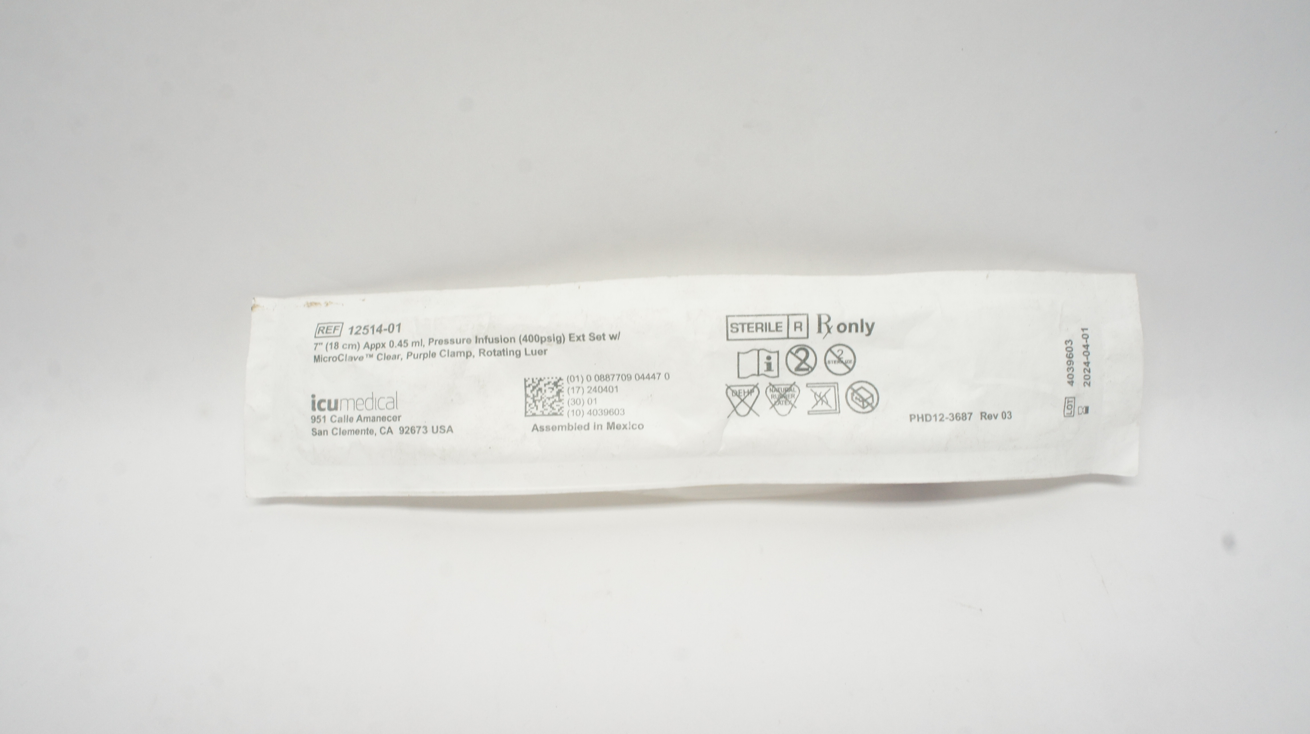 ICU Medical 12514-01 Pressure Infusion Extension Set  7inch x 0.45mL