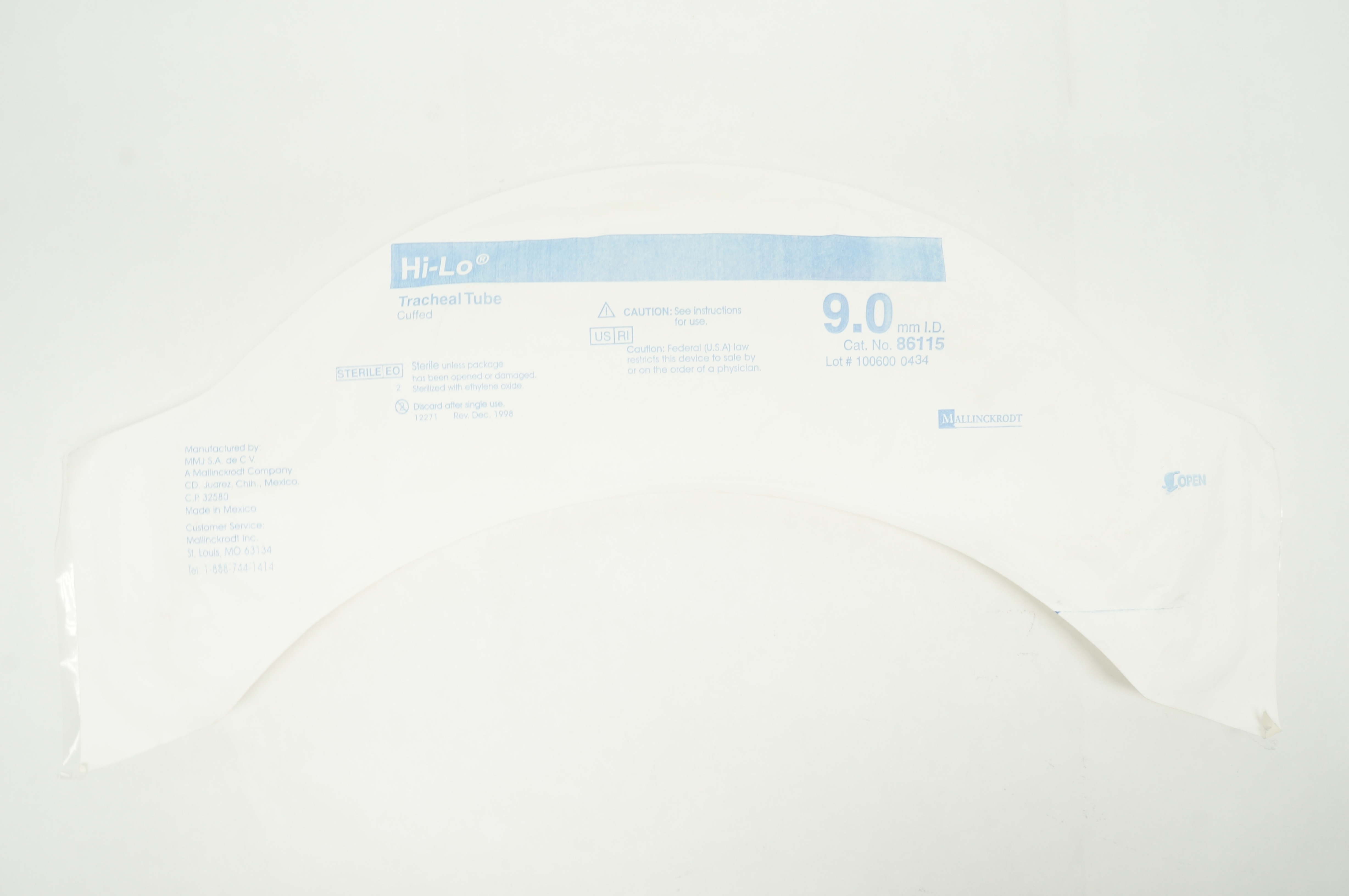 Mallinckrodt 86115 Hi-Lo Tracheal Tube Cuffed 9.0