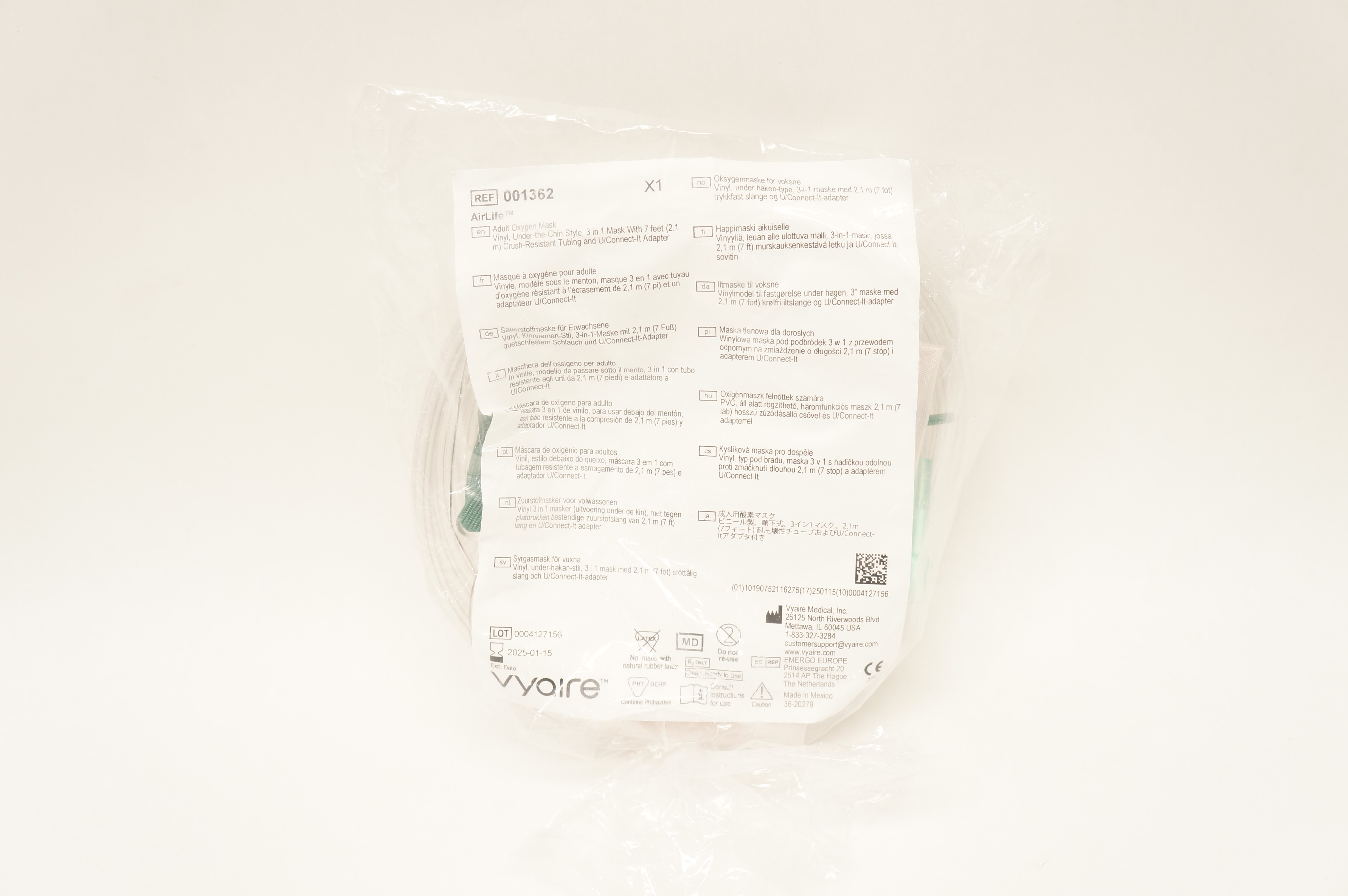 Vyaire 001362 AirLife Adult Oxygen Mask Vinyl w/7ft. Tubing & U/Connect Adapter