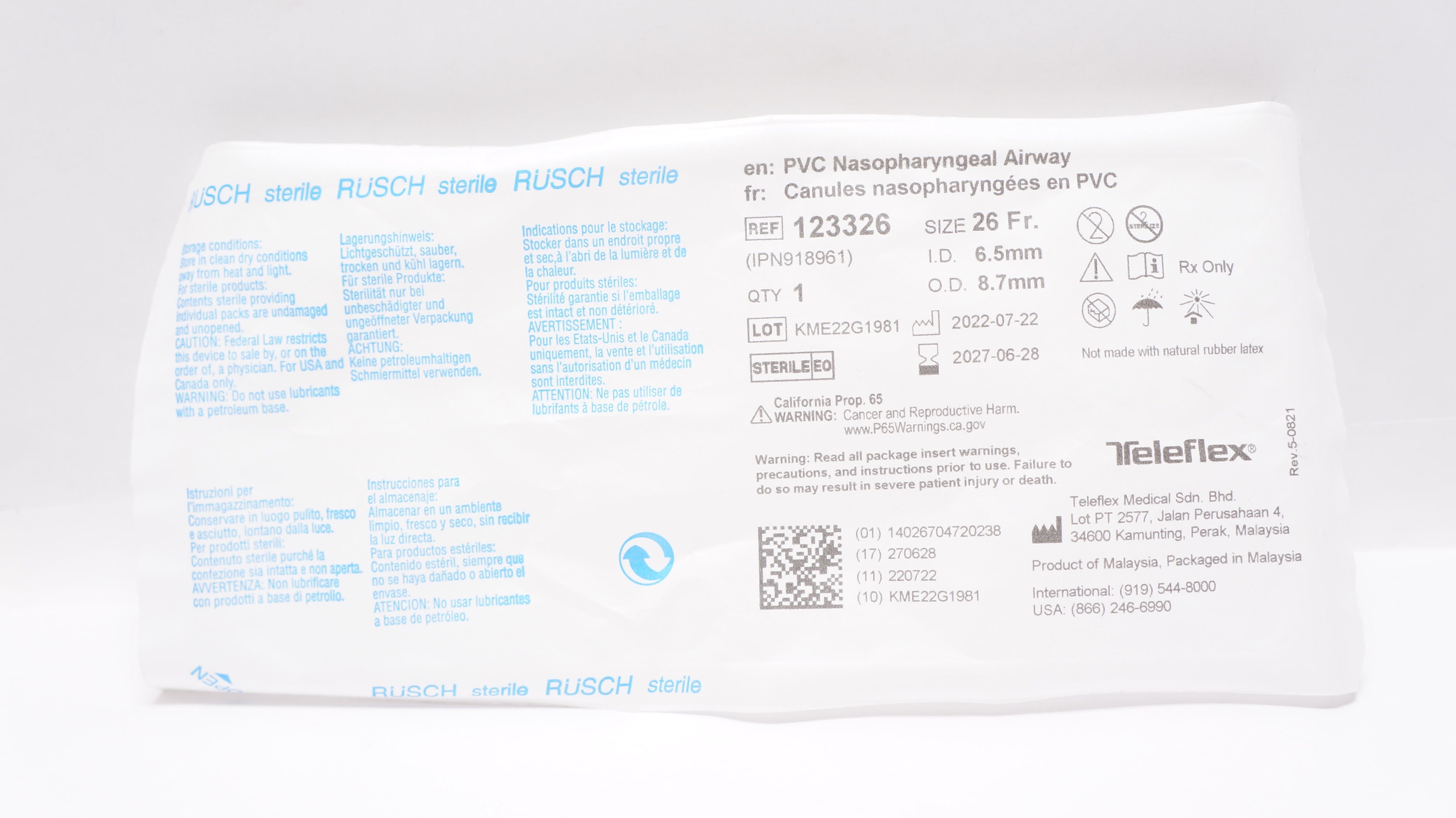 Teleflex 123326 Rusch PVC Nasopharyngeal Airway 26Fr. x 6.5mm