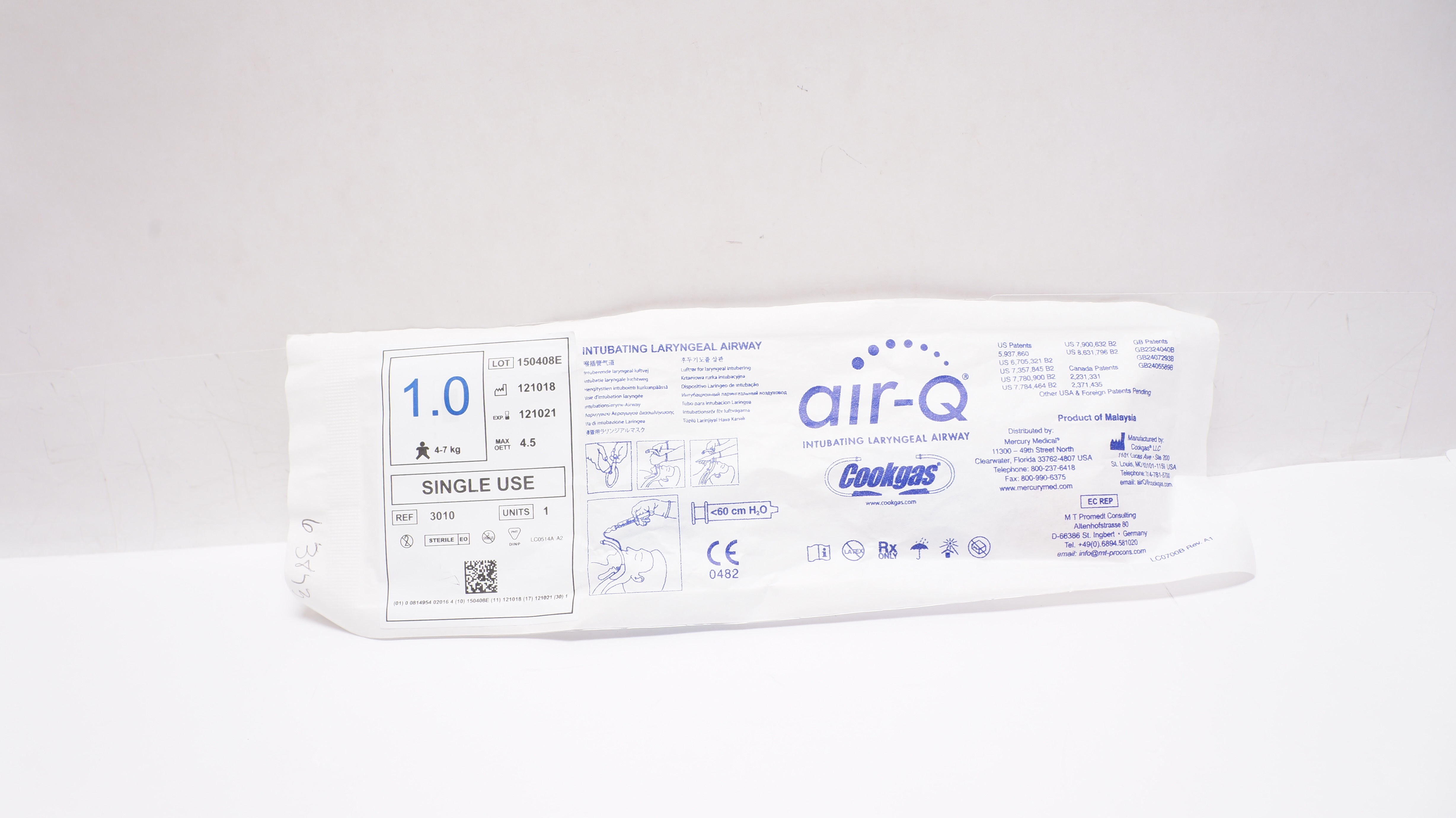 Cookgas 3010 Air-Q Intubating Laryngeal Airway Size 1.0 4-7kg, <60cm H2O (x)
