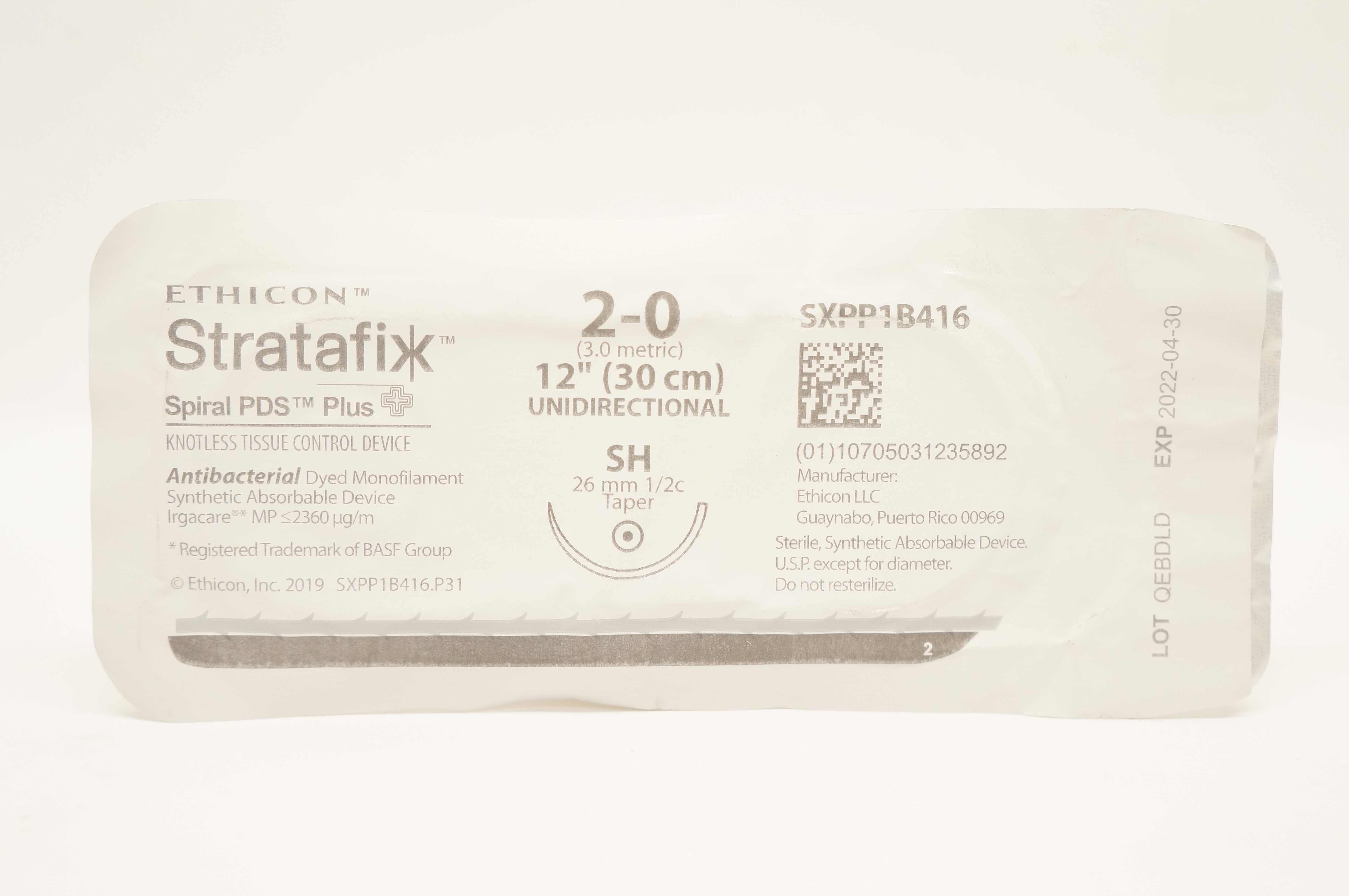 Ethicon SXPP1B416 2-0 Stratafix Spiral PDS Plus Stre SH 26mm 1/2c Taper, 12inch