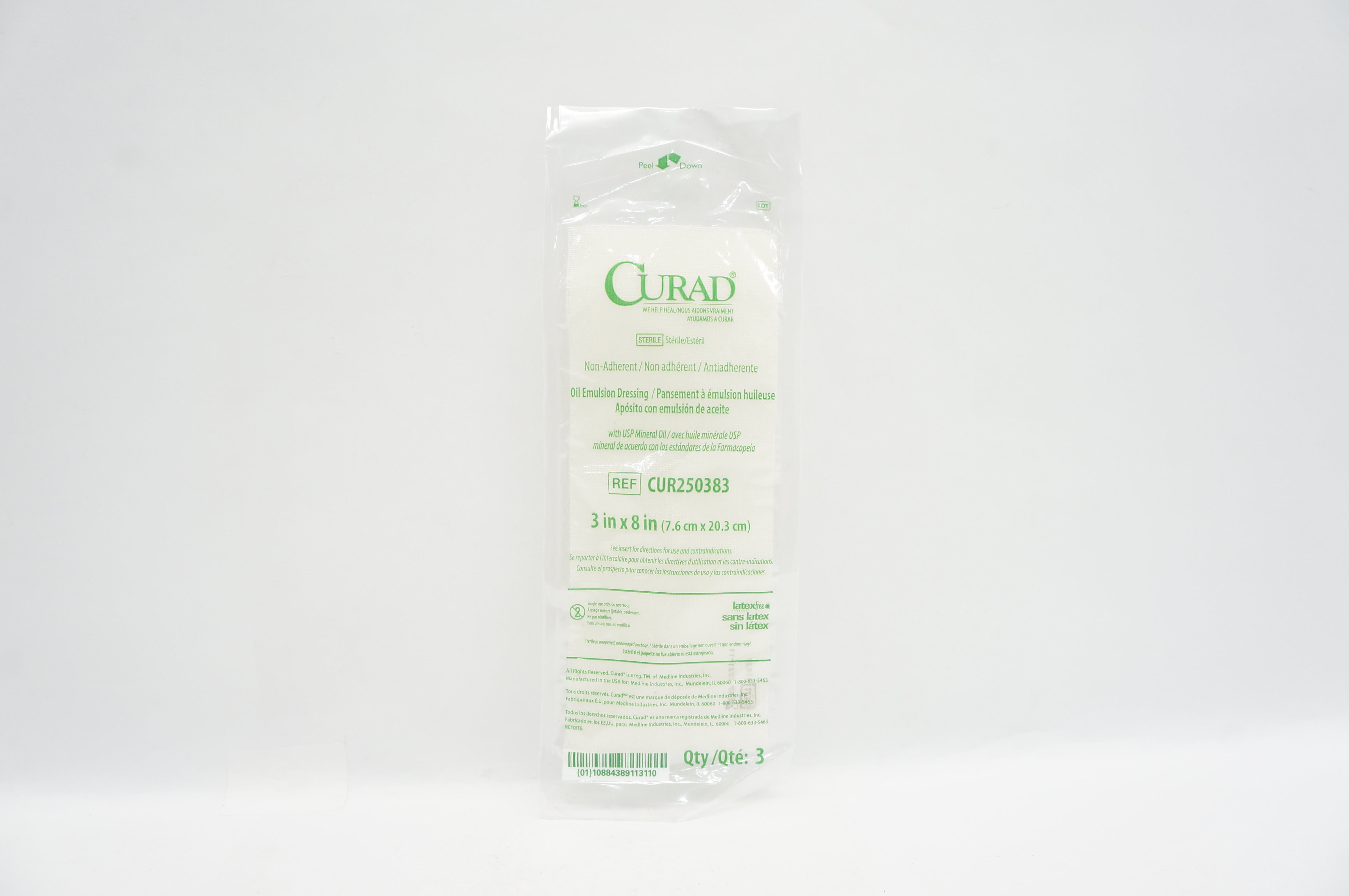 Medline CUR250383 Curad Non-Adherent Oil Emulsion Dressing 3 x 8in - Pack of 3