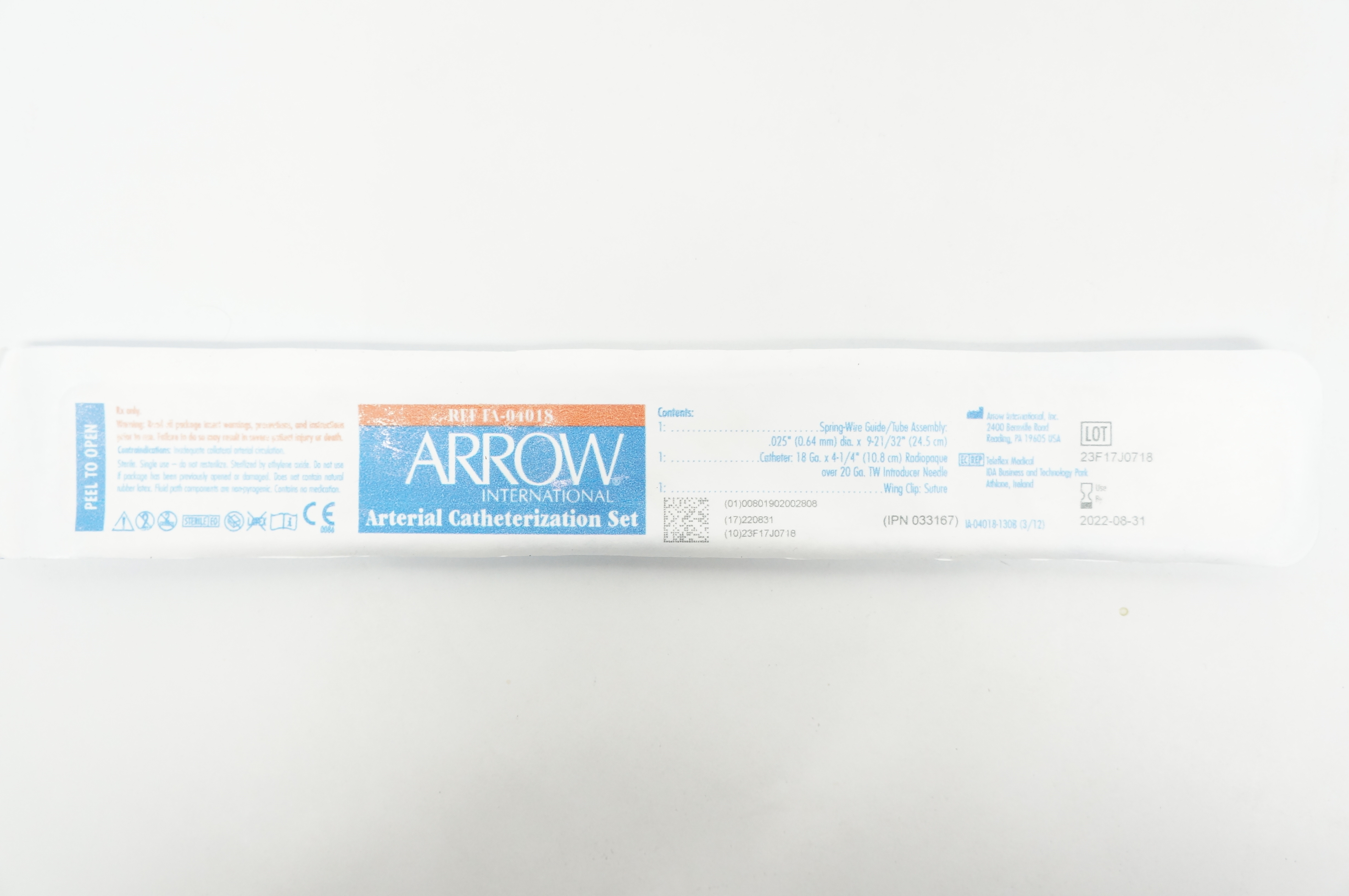 Arrow FA-04018 Arterial Catheterization Set 18Ga x 4-1/4 inch