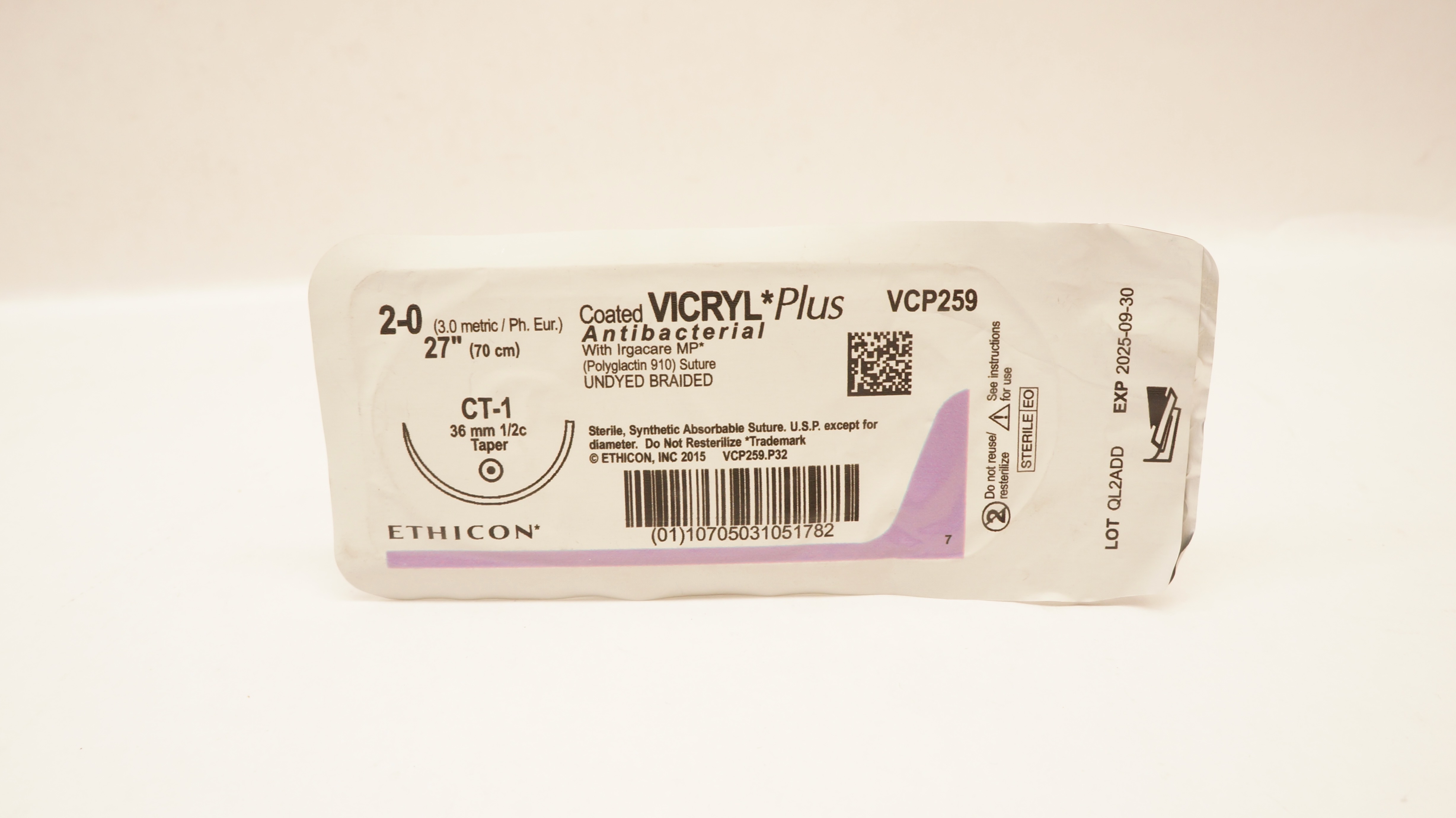 Ethicon VCP259 2-0 VICRYL PLus Polyglactin 910 Stre CT-1 36mm 1/2c Taper, 27inch