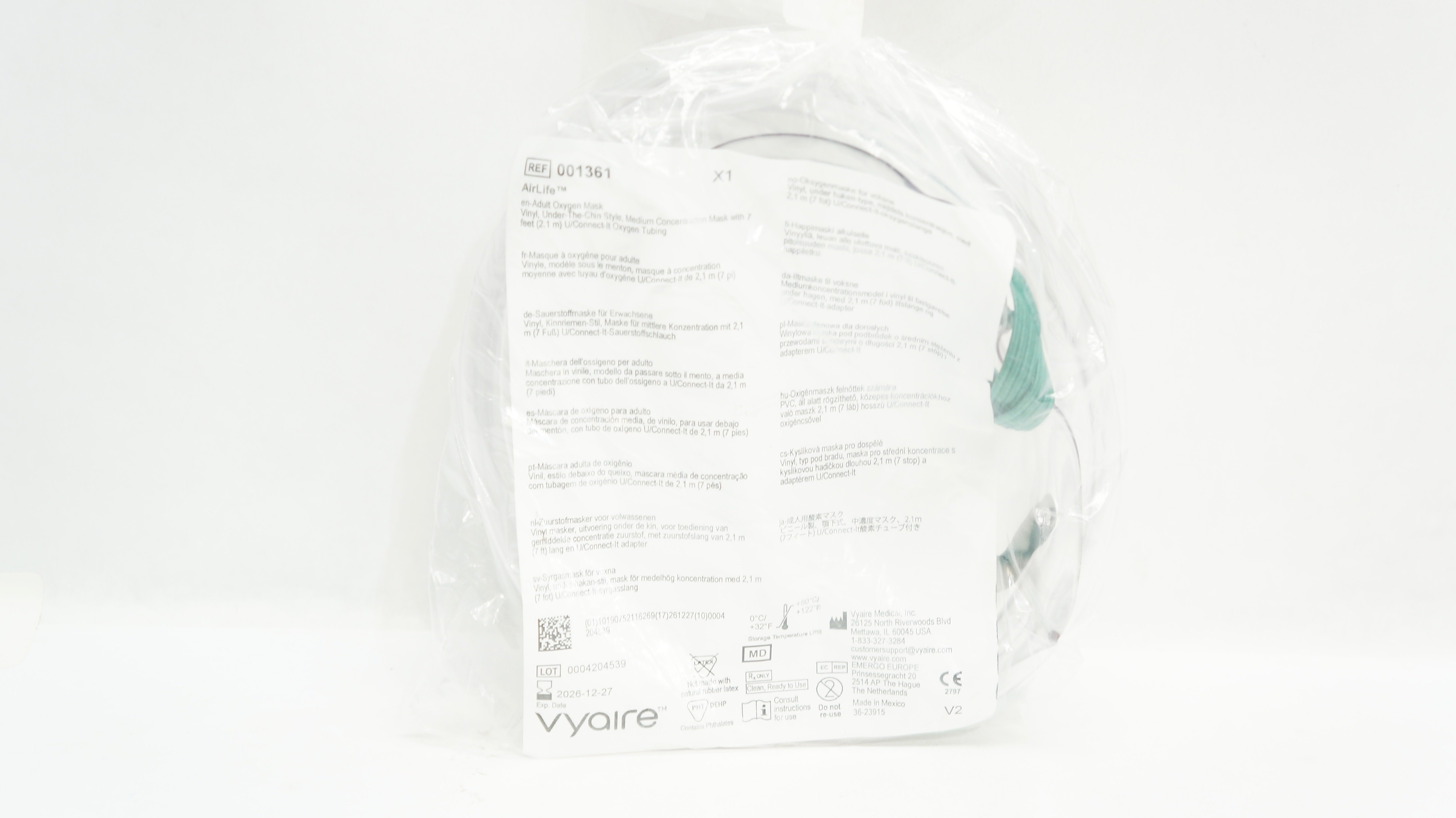 Vyaire 001361 AirLife Adult Oxygen Mask, Vinyl, Medium Concentration