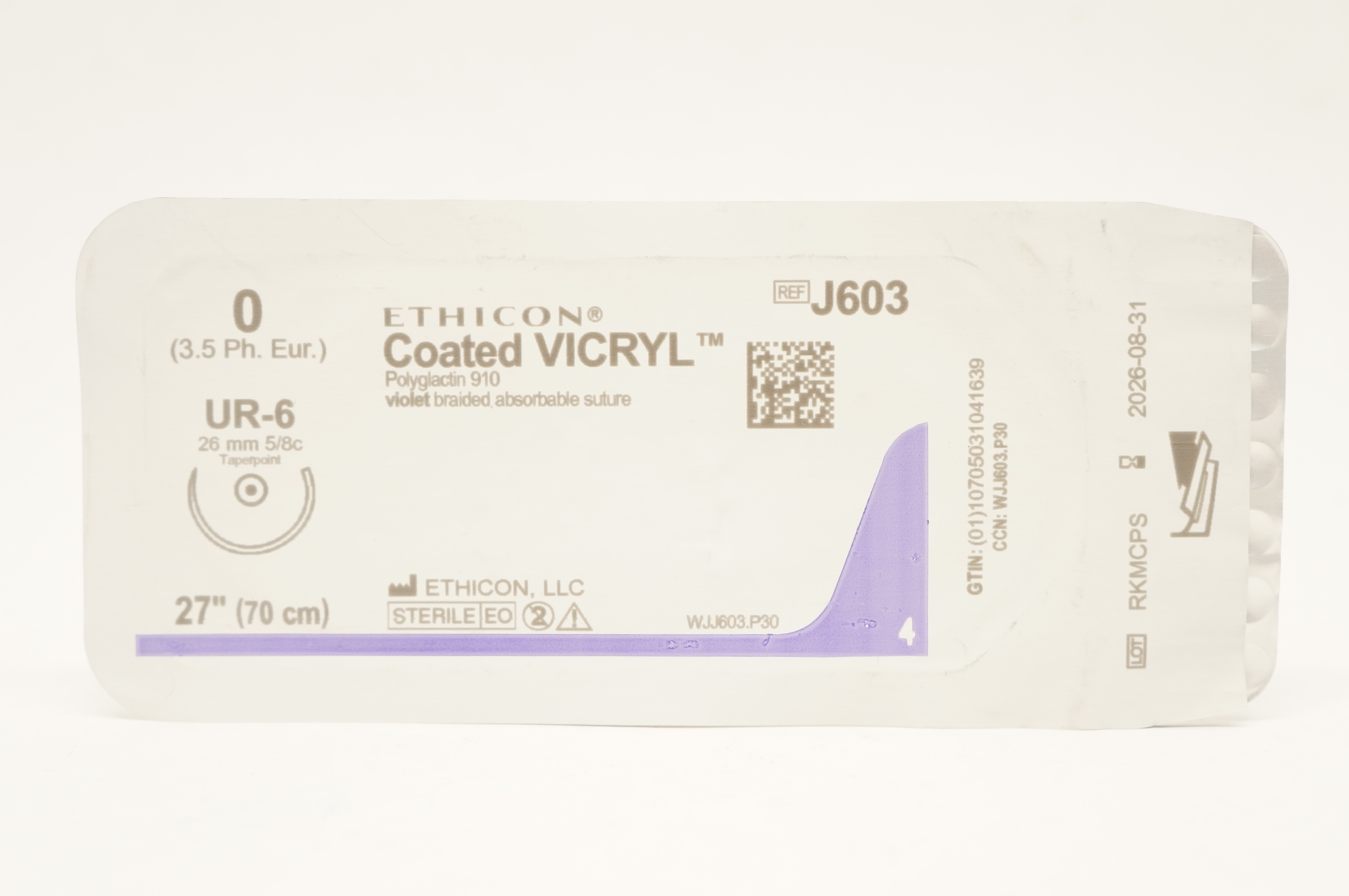 Ethicon J603 0 Coated VICRYL Polyglactin Stre, UR-6 26mm 5/8c Taperpoint, 27inch