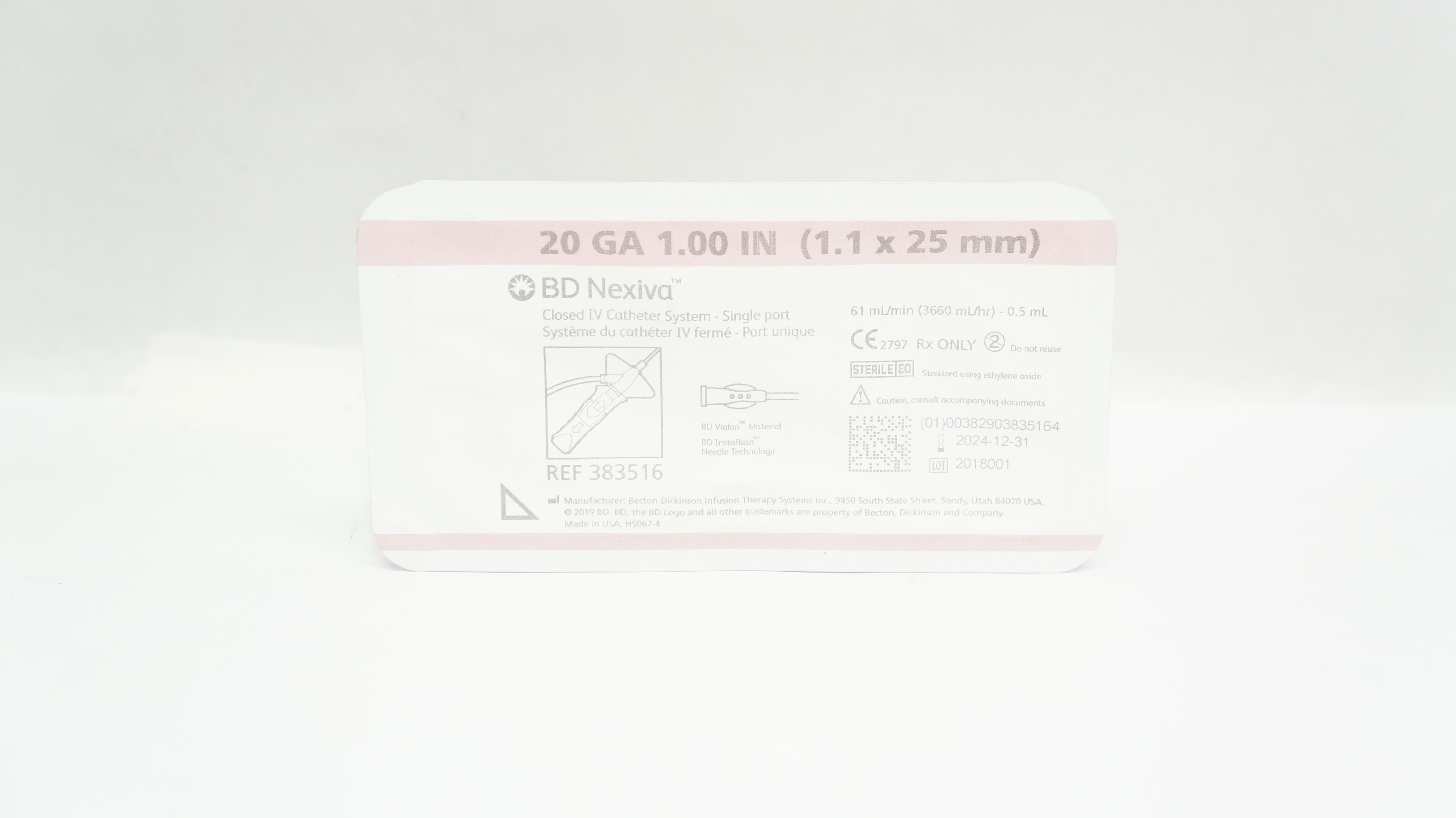 BD 383516 Nexiva Clodsed IV Cath. System - Single Port 20GA x 1.00inch 61mL/min