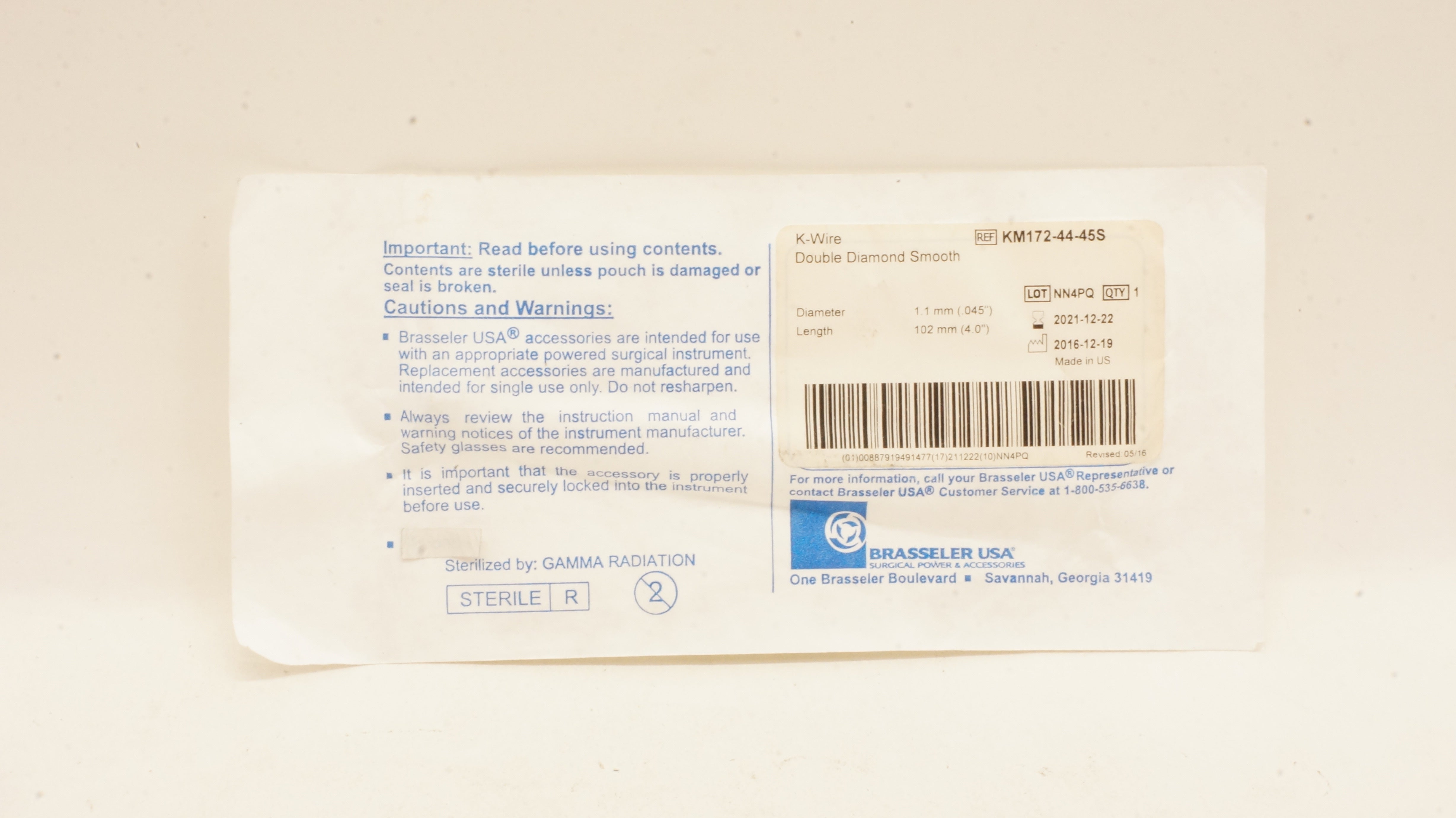 Brasseler KM172-44-45S K-Wire Double Diamond Smooth .045inch x 4.0inch