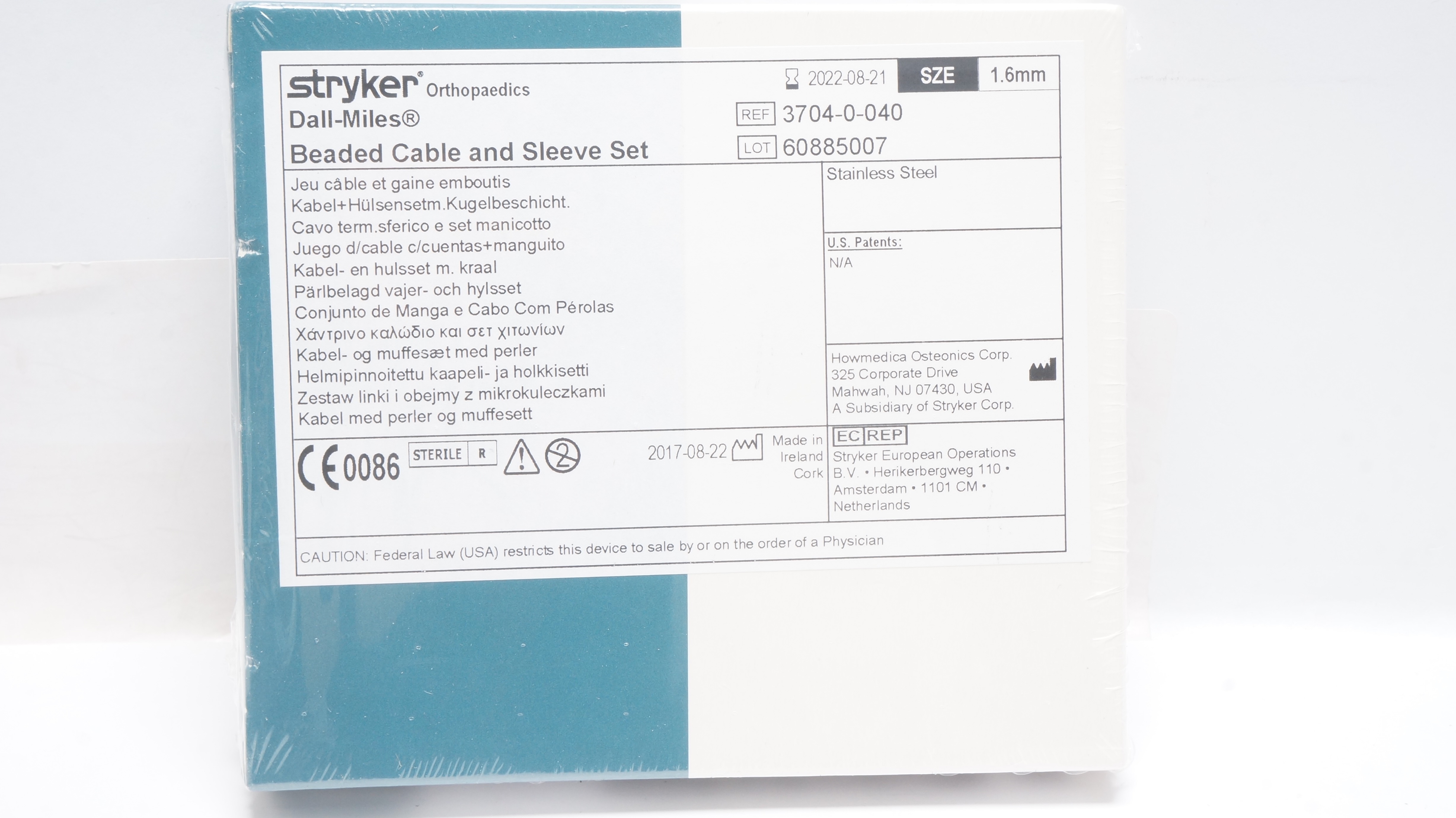 Stryker 3704-0-040 Dall-Miles Beaded Cable & Sleeve Set 1.6mm (x)
