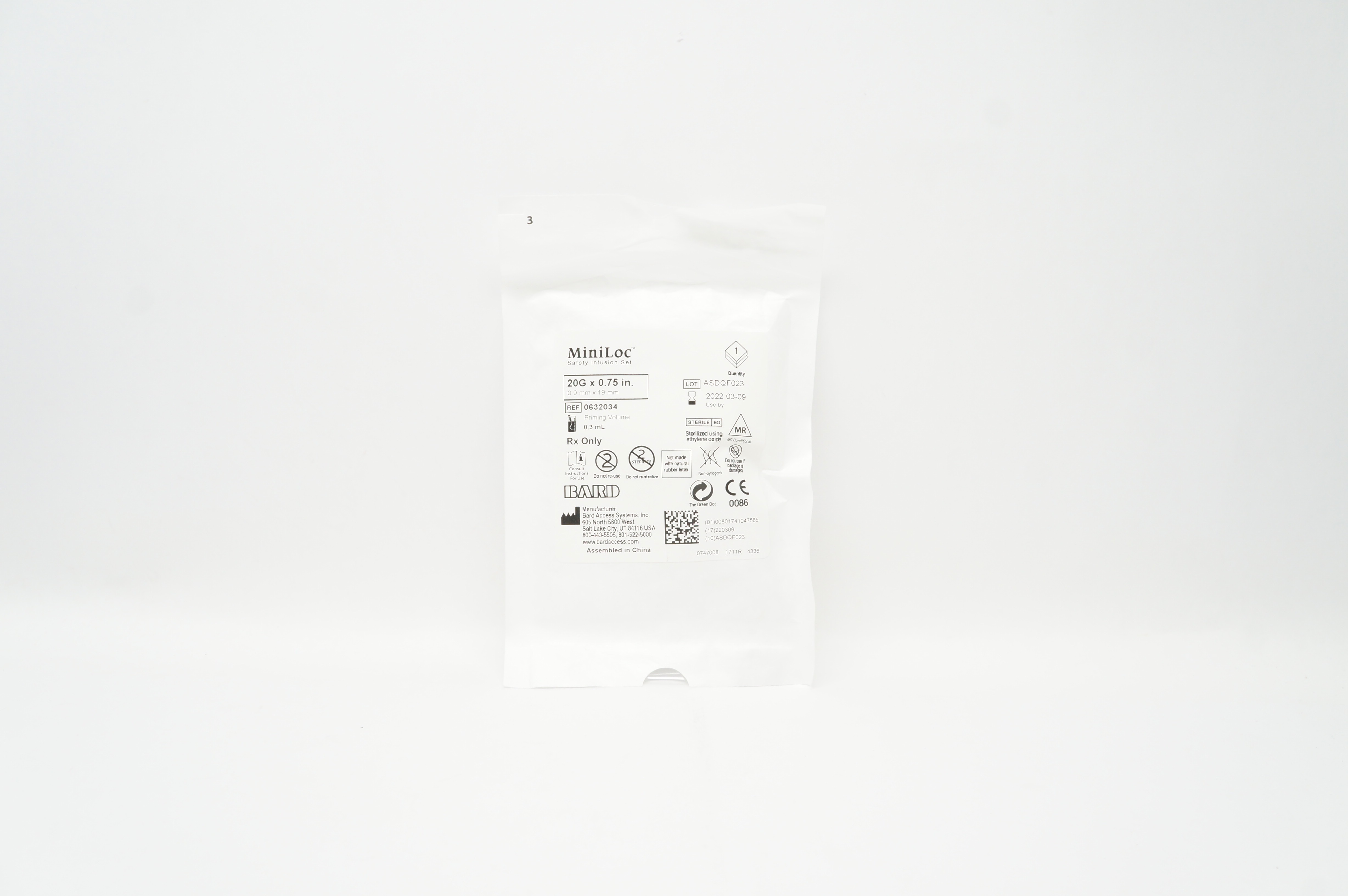 Bard 0632034 MiniLoc Safety Infusion Set 20G x 0.75 inch, Priming Vol. 0.3ml (x)