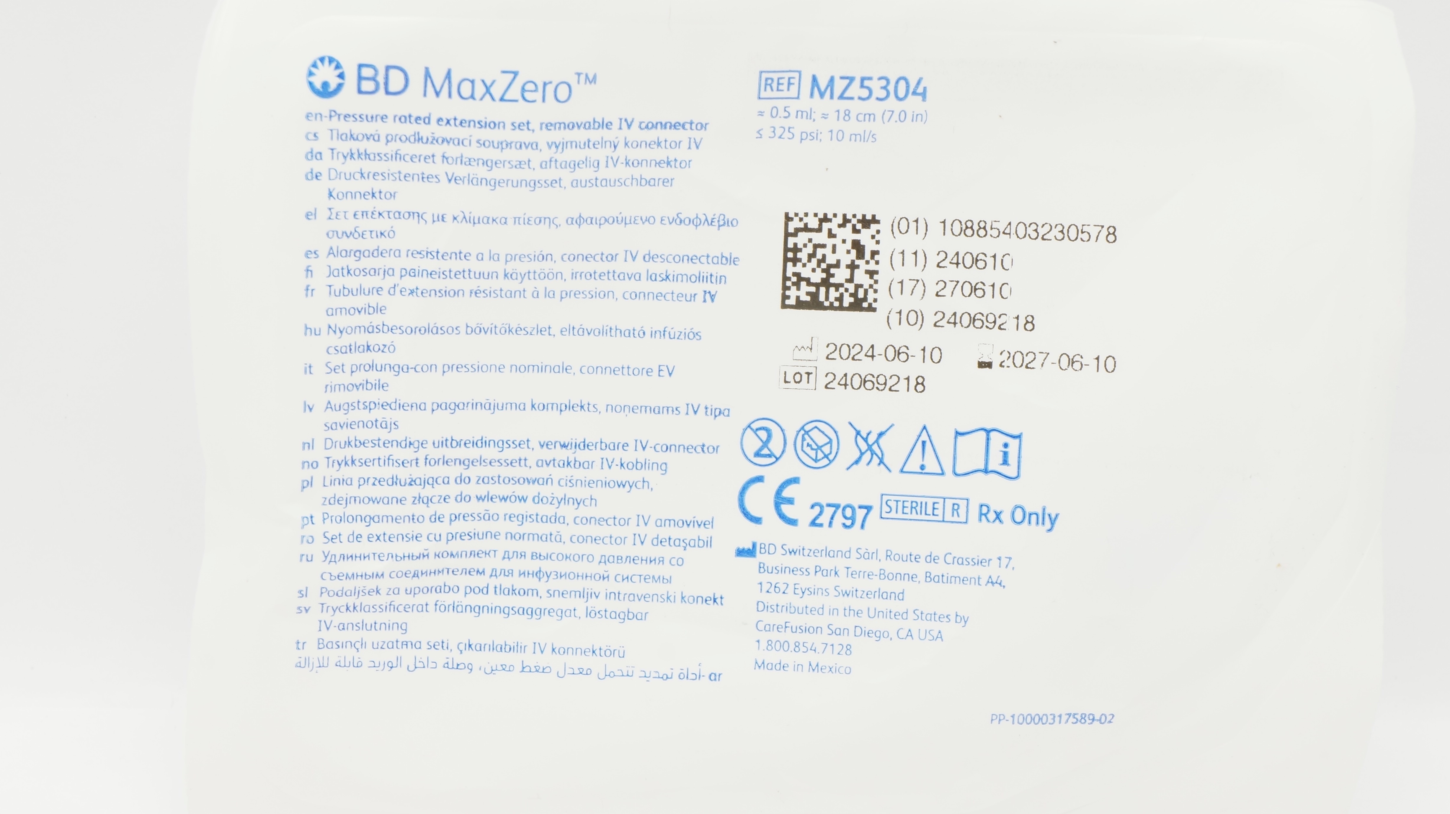 Maxzero BD MZ5304 MaxZero Pressure Rated Extension Set, IV Connector 0.5ml x 7 ...