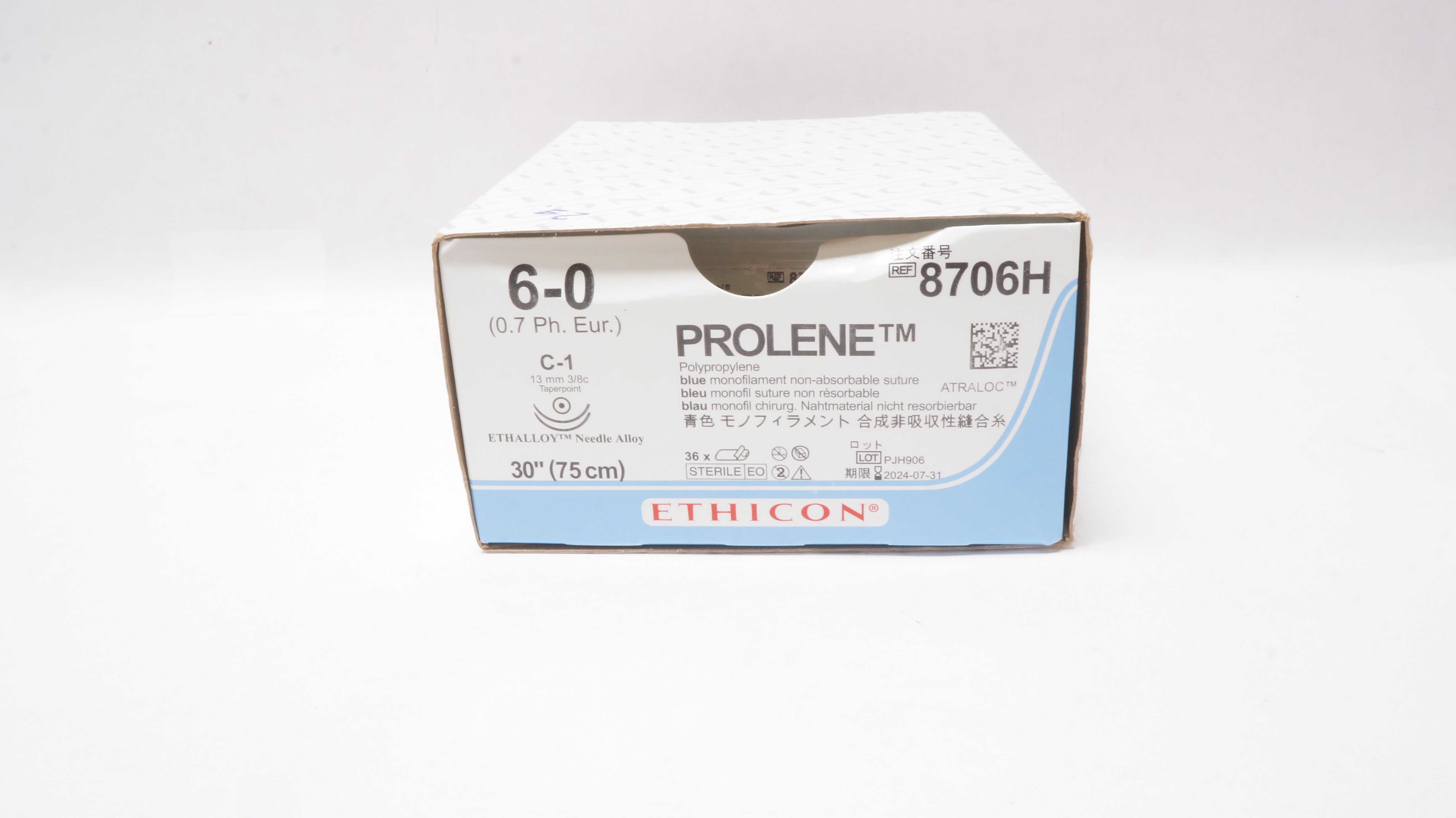 Prolene 60 Ethicon 8706H 6-0 PROLENE, C-1, 13mm 3/8c Taper, 30inch - Box of 29