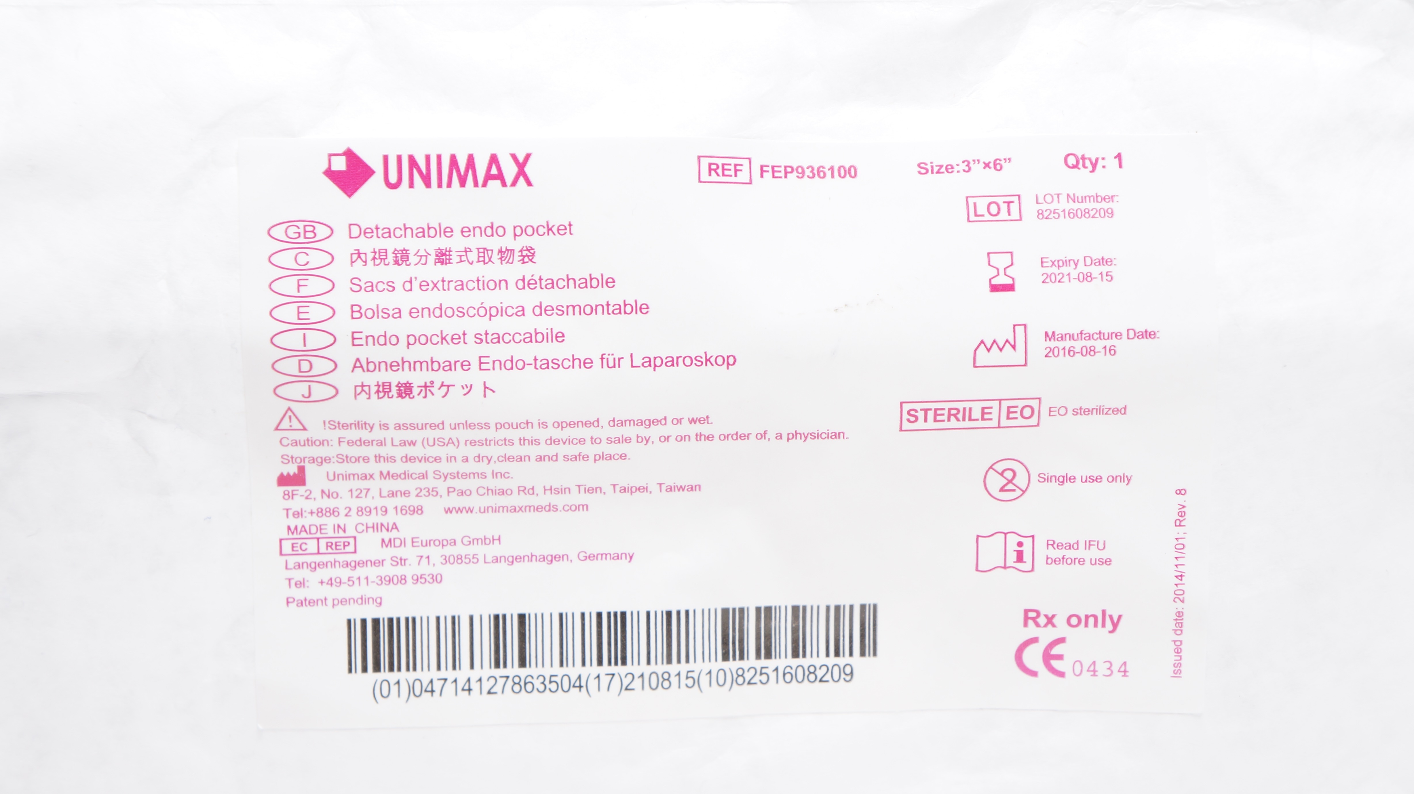 Unimax Medical FEP936100 Detachable Endo Pocket 3inch x 6inch (x)