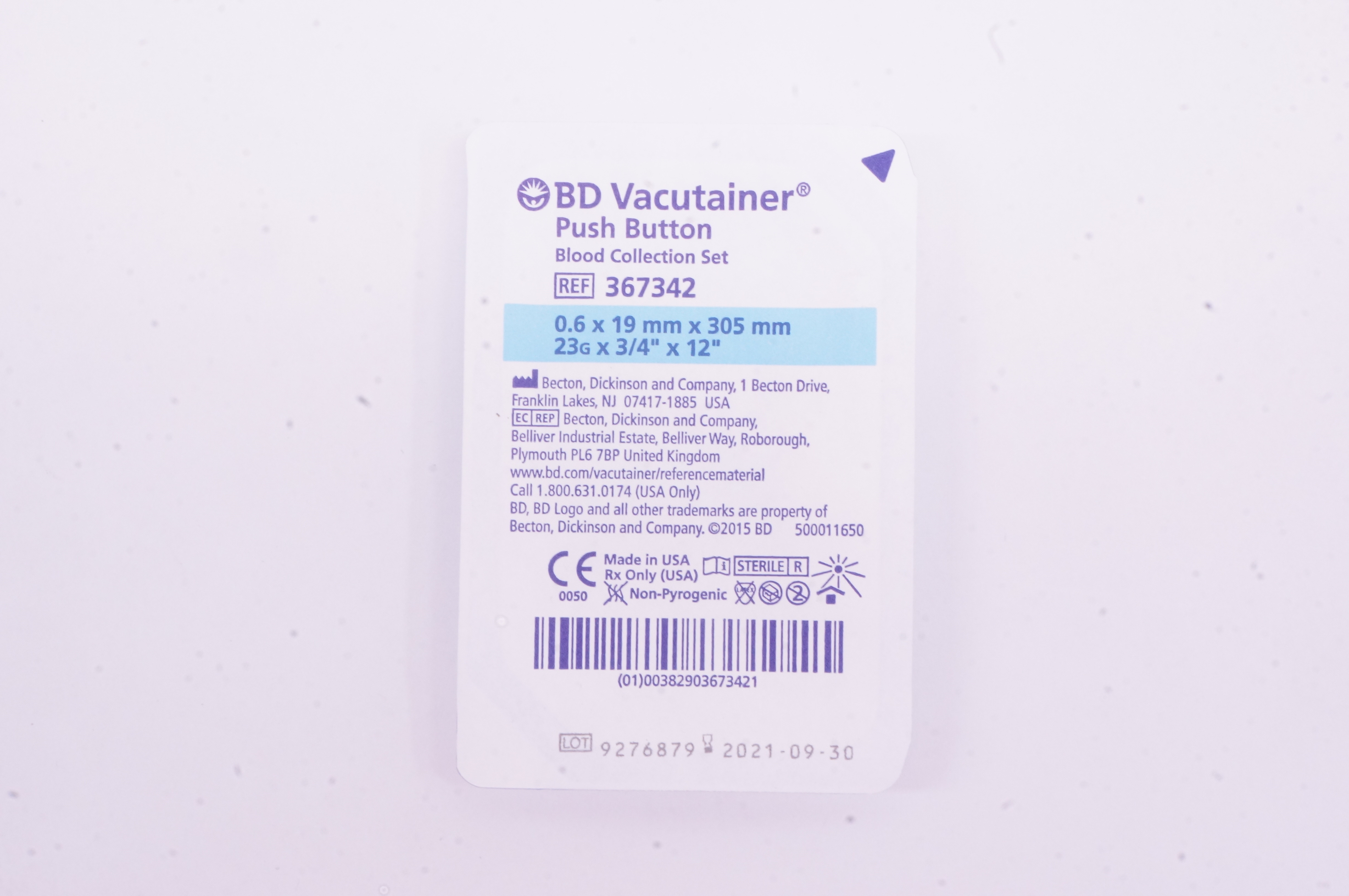 BD 367342 Push Button Blood Collection Set 23G x 3/4inch x 12inch