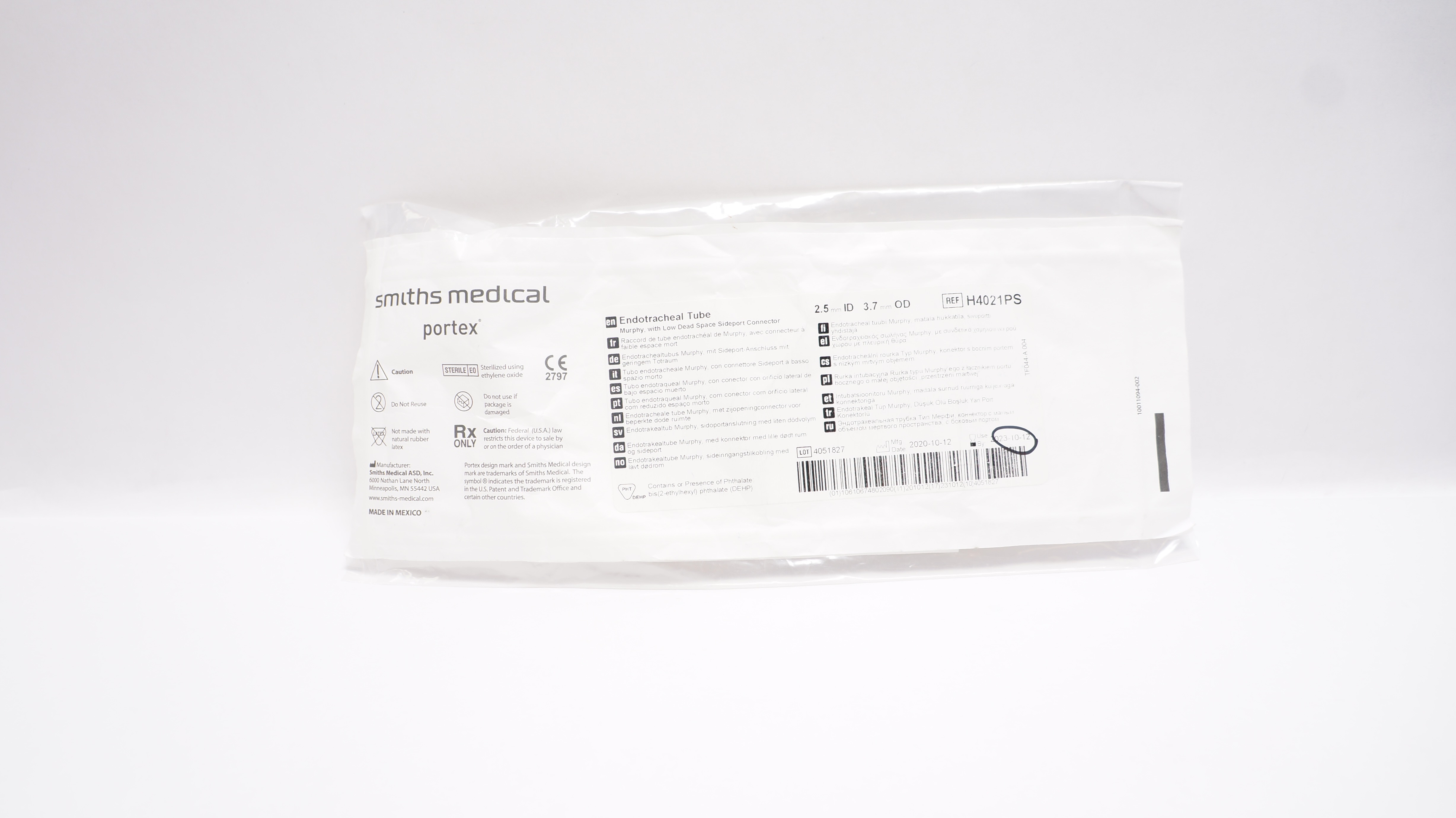 Smiths Medical H4021PS Portex Endotracheal Tube 2.5mm ID x 3.7mm OD