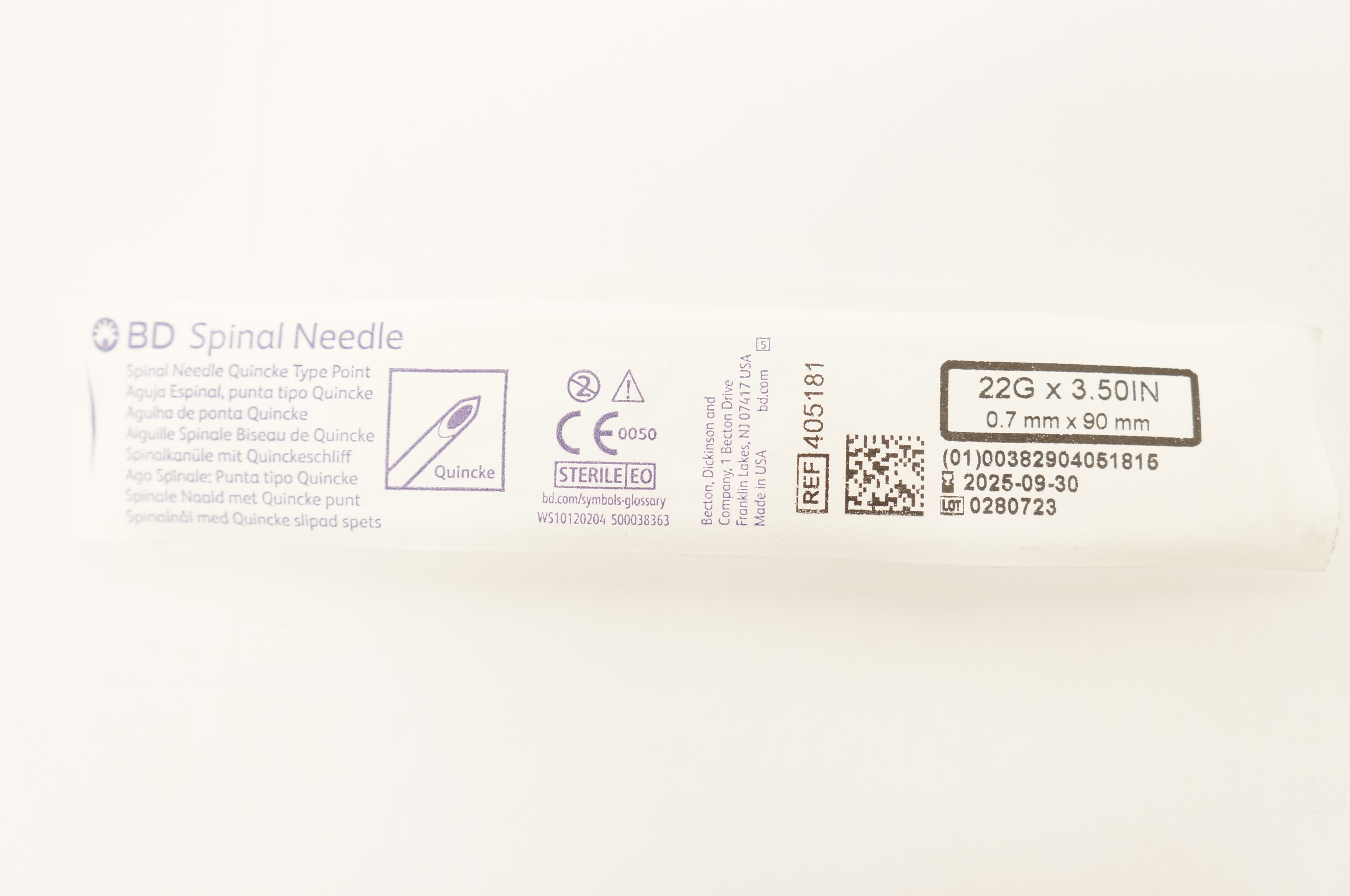 BD 405181 Becton Spinal Ndle Quincke Type Point 22G x 3.50inch