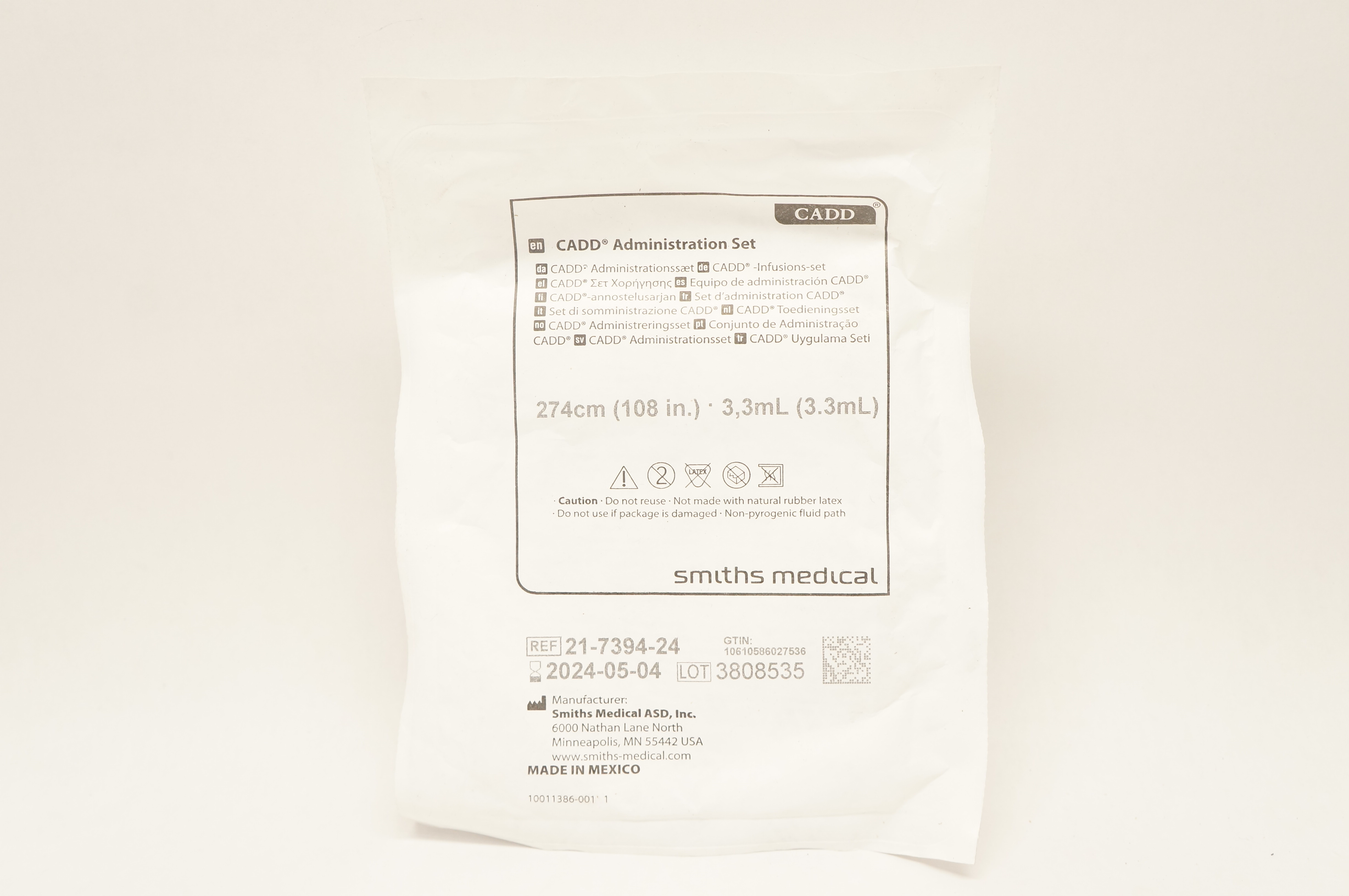 Smiths Medical 21-7394-24 CADD Administration Set 108 inch x 3.3mL