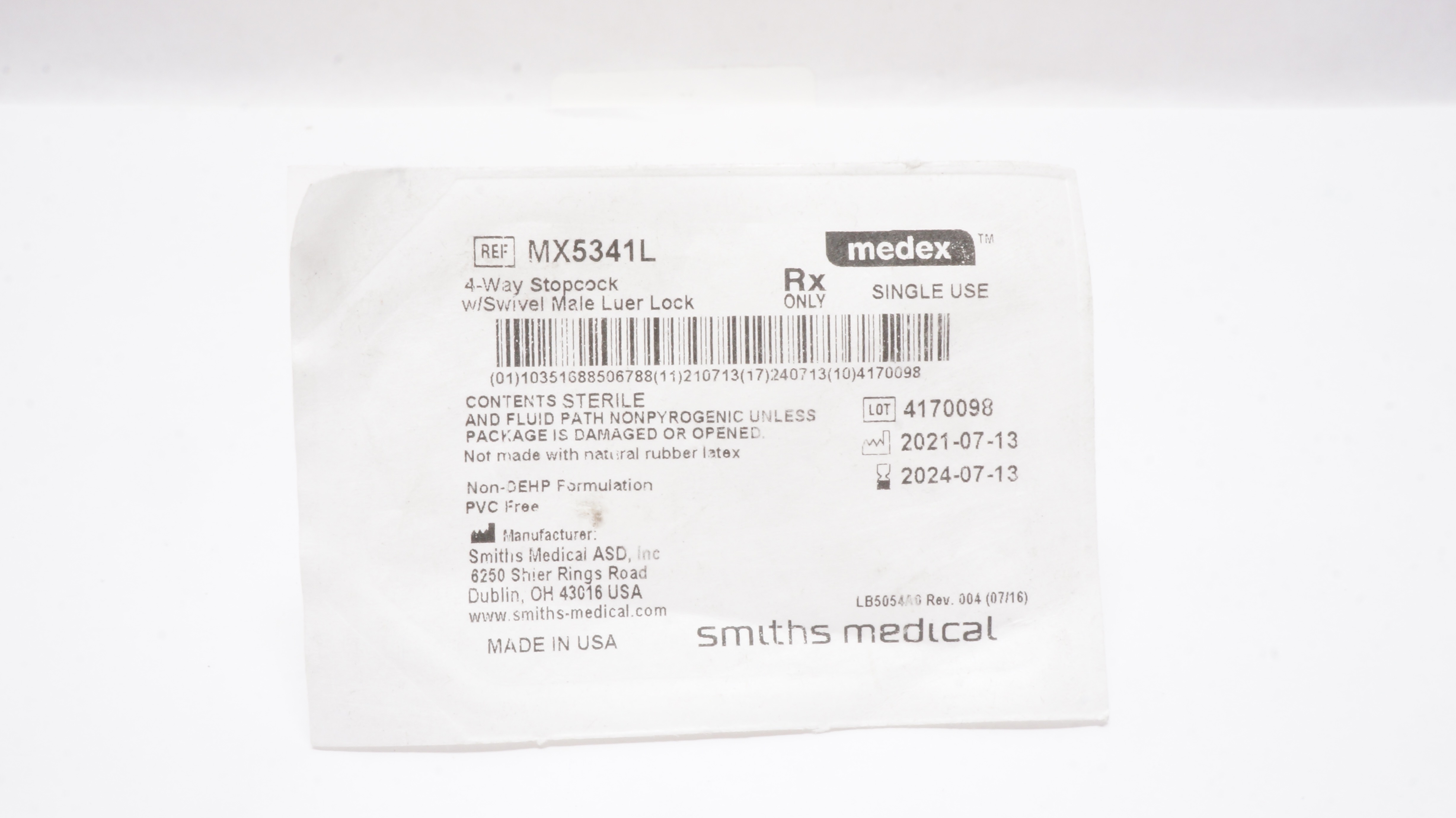 Smiths Medical MX5341L 4-Way Stopcock w/Swivel Male Luer Lock