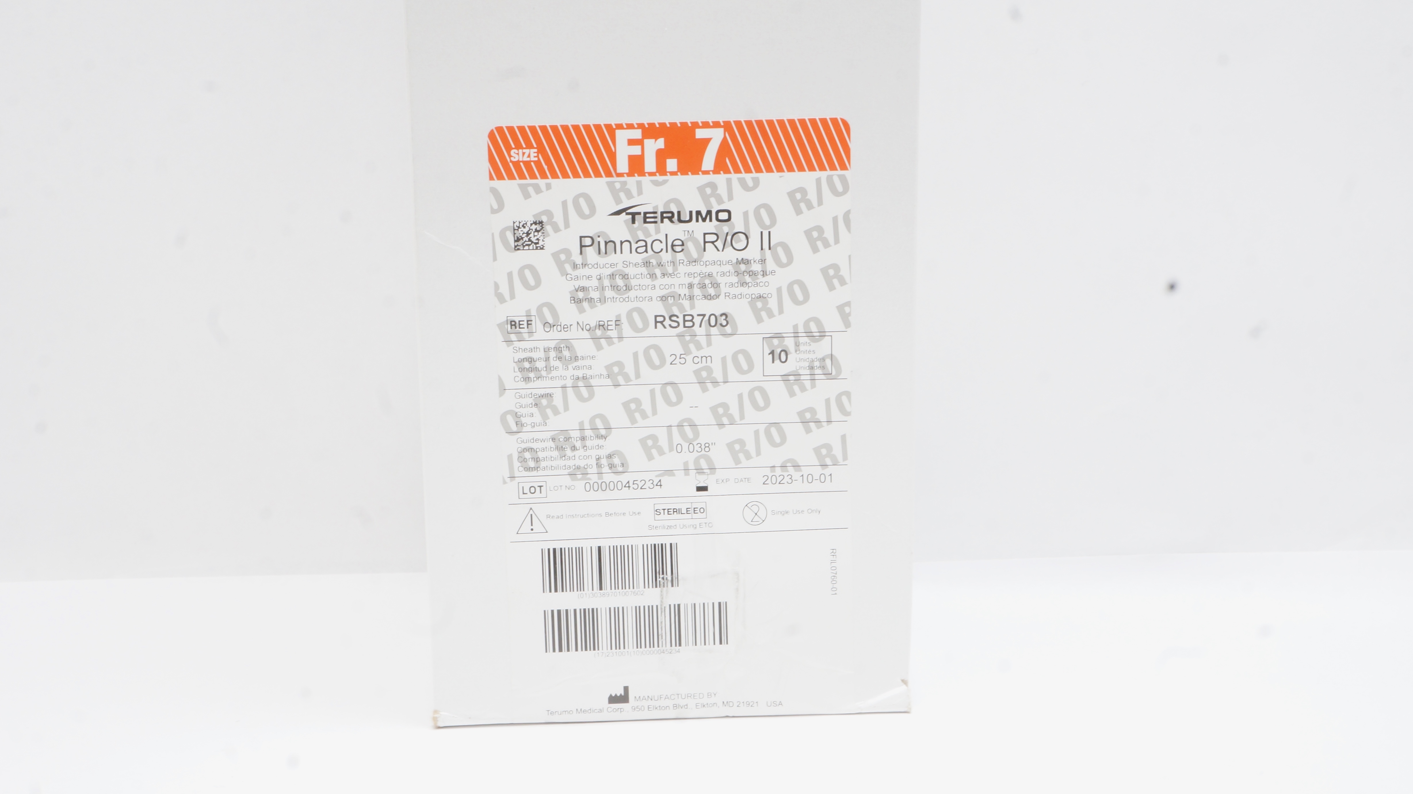 Terumo RSB703 Pinnacle Introducer Sheath 7Fr x 0.038inch x 25cm (x) - Box of 7