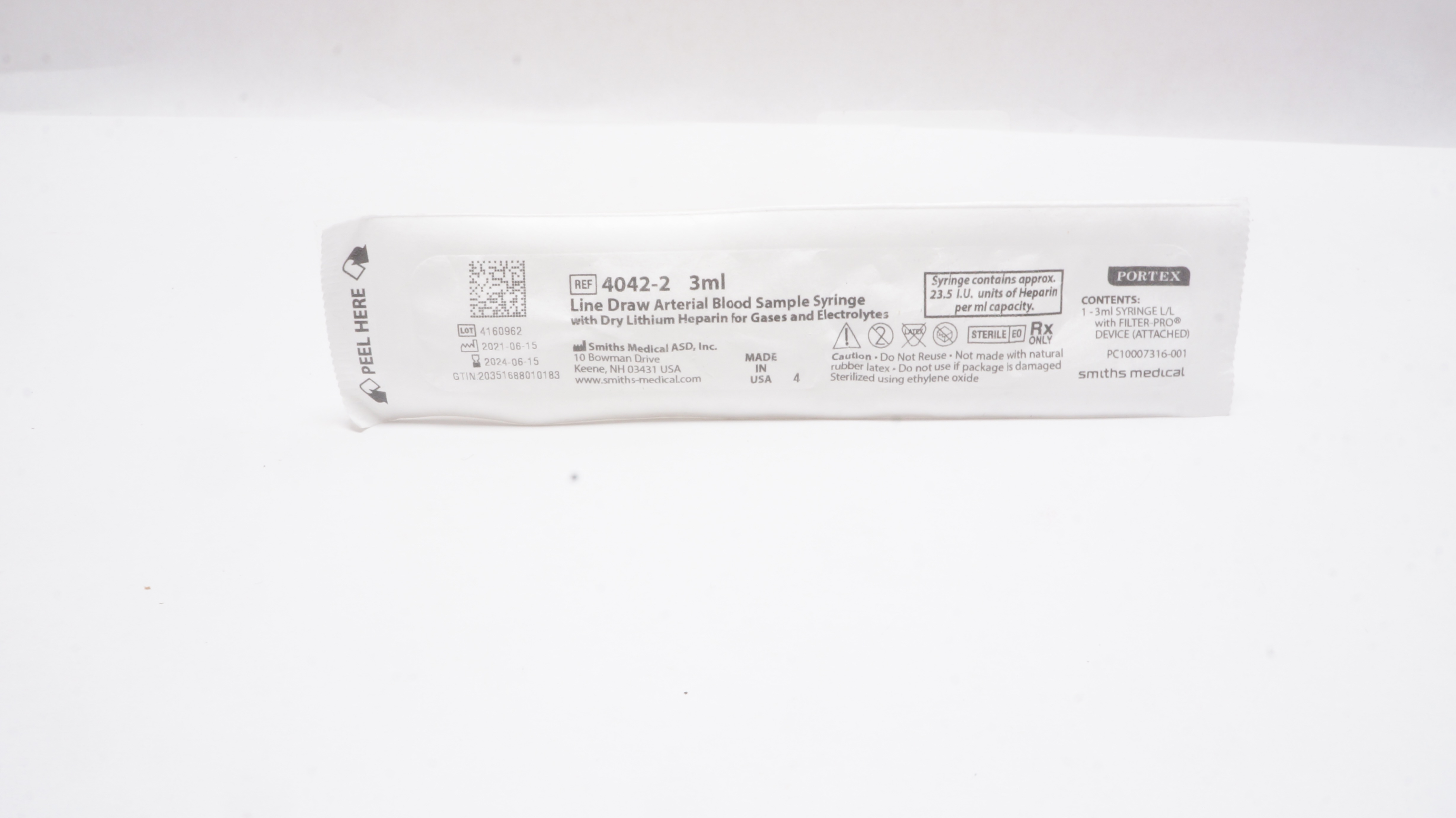 Smiths Medical 4042-2 Portex Line Draw Arterial Blood Sample Syringe, 3ml