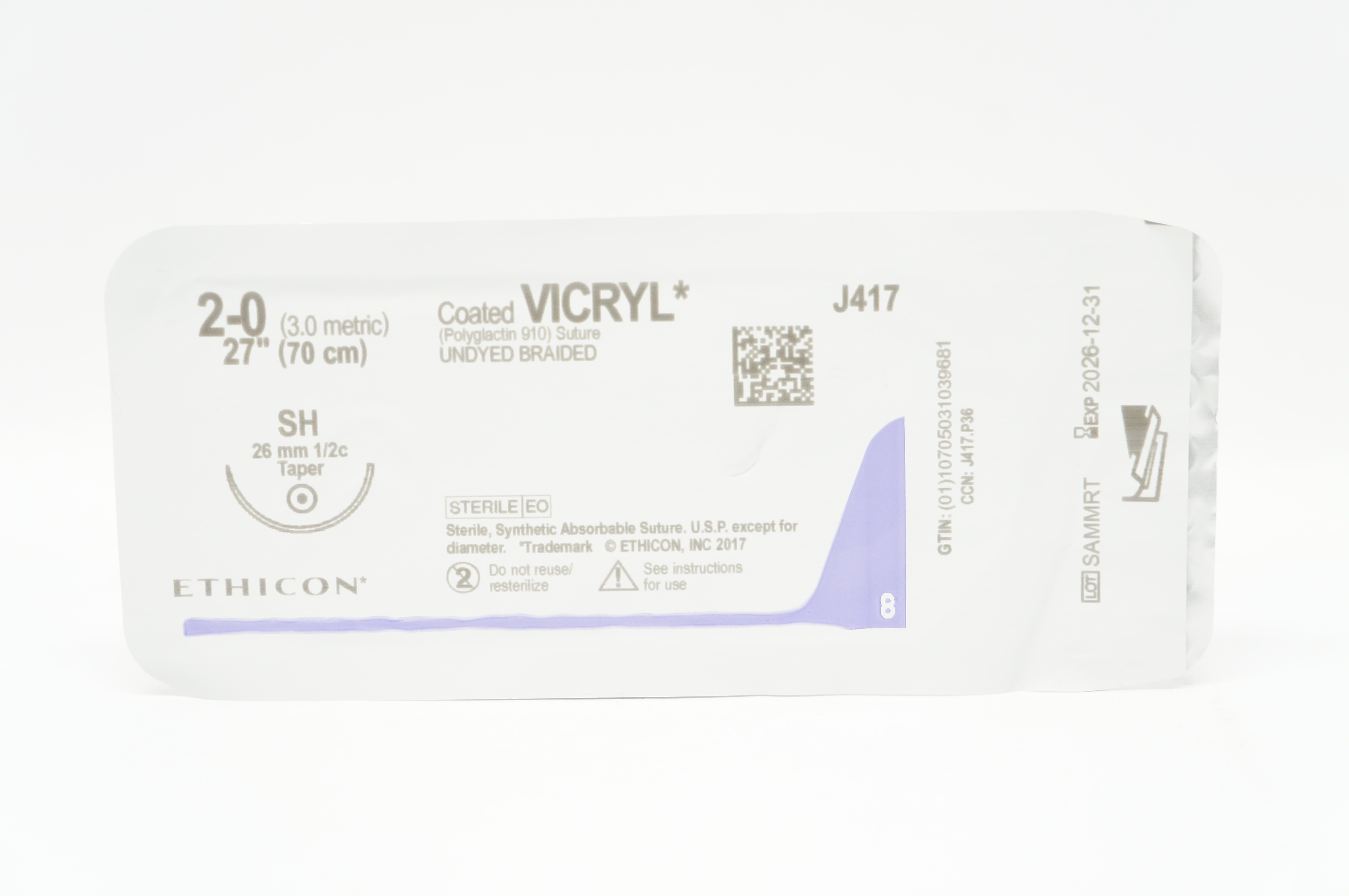Ethicon J417 2-0 Coated VICRYL, SH, 26mm 1/2c Taper, 27inch