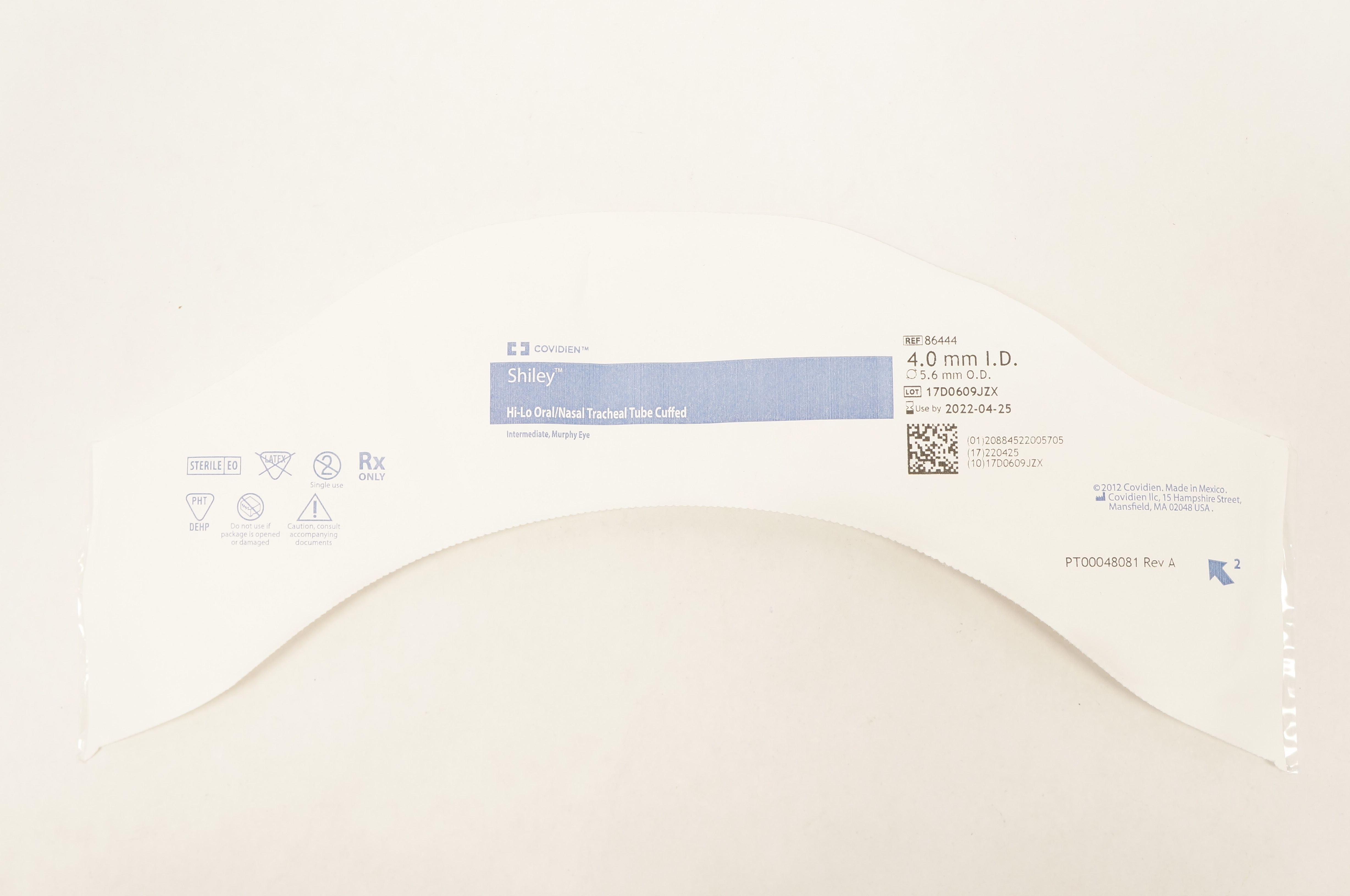 Covidien 86444 Shiley Hi-Lo Oral/Nasal Tracheal Tube Cuffed 4.0mm ID