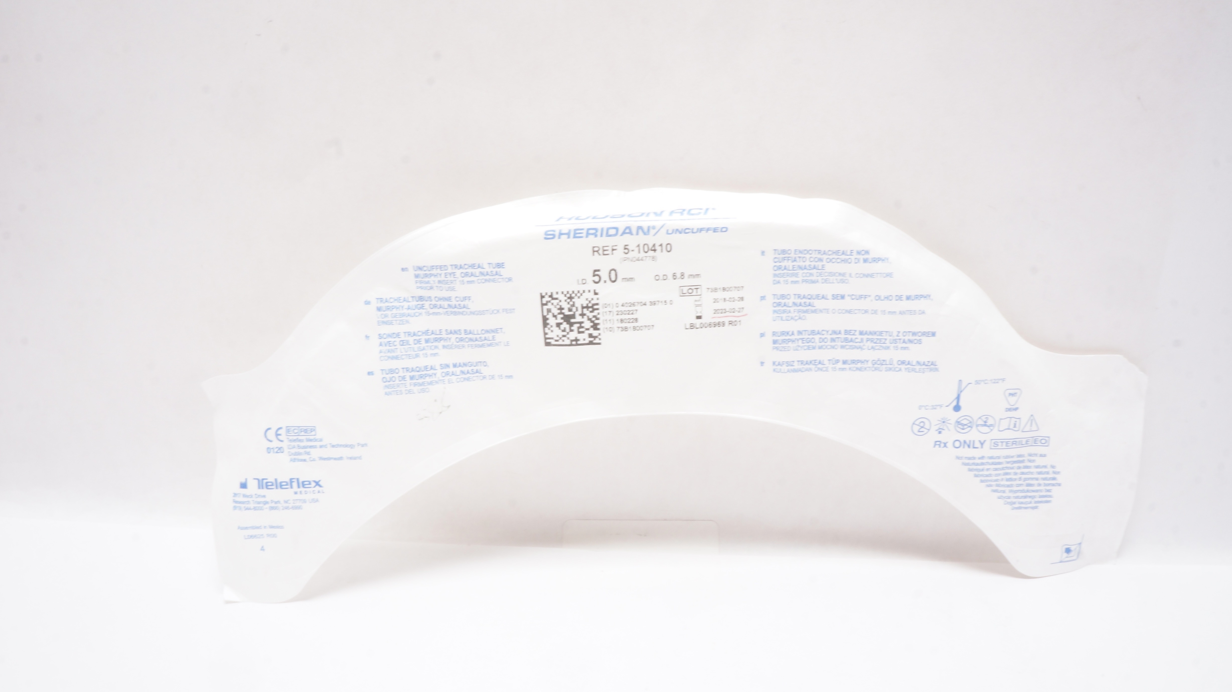 Teleflex 5-10410 Hudson RCI Sheridan Uncuffed Tracheal Tube 5mm ID x 6.8mmOD (x)