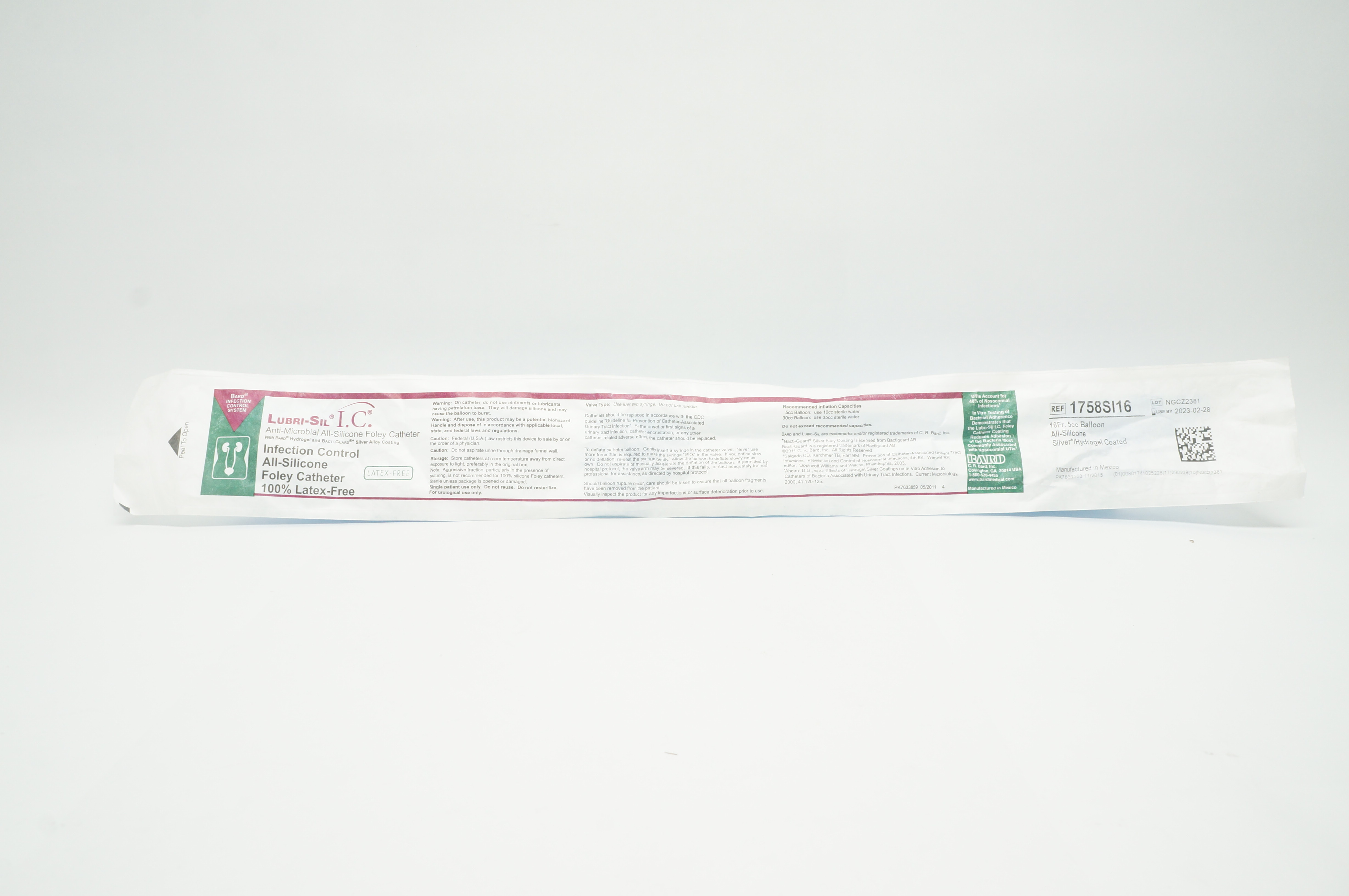 Bard 1758SI16 Lubri-Sil I.C. Anti-Microbial All-Silicone Foley Cath. 16Fr (x)