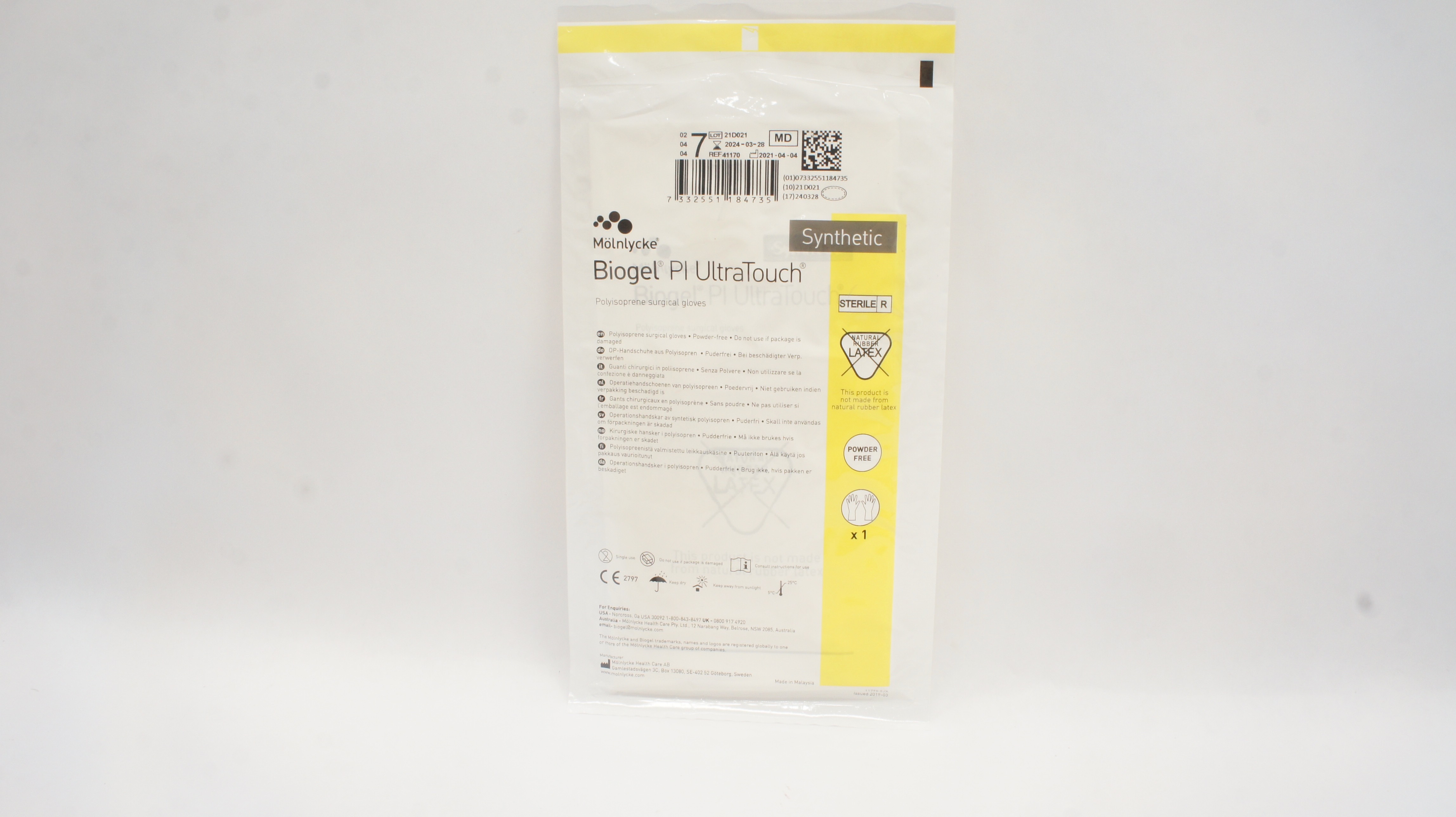 Molnlycke Healthcare 41170 Biogel Pl UltraTouch Synthetic Surgical Gloves Size 7
