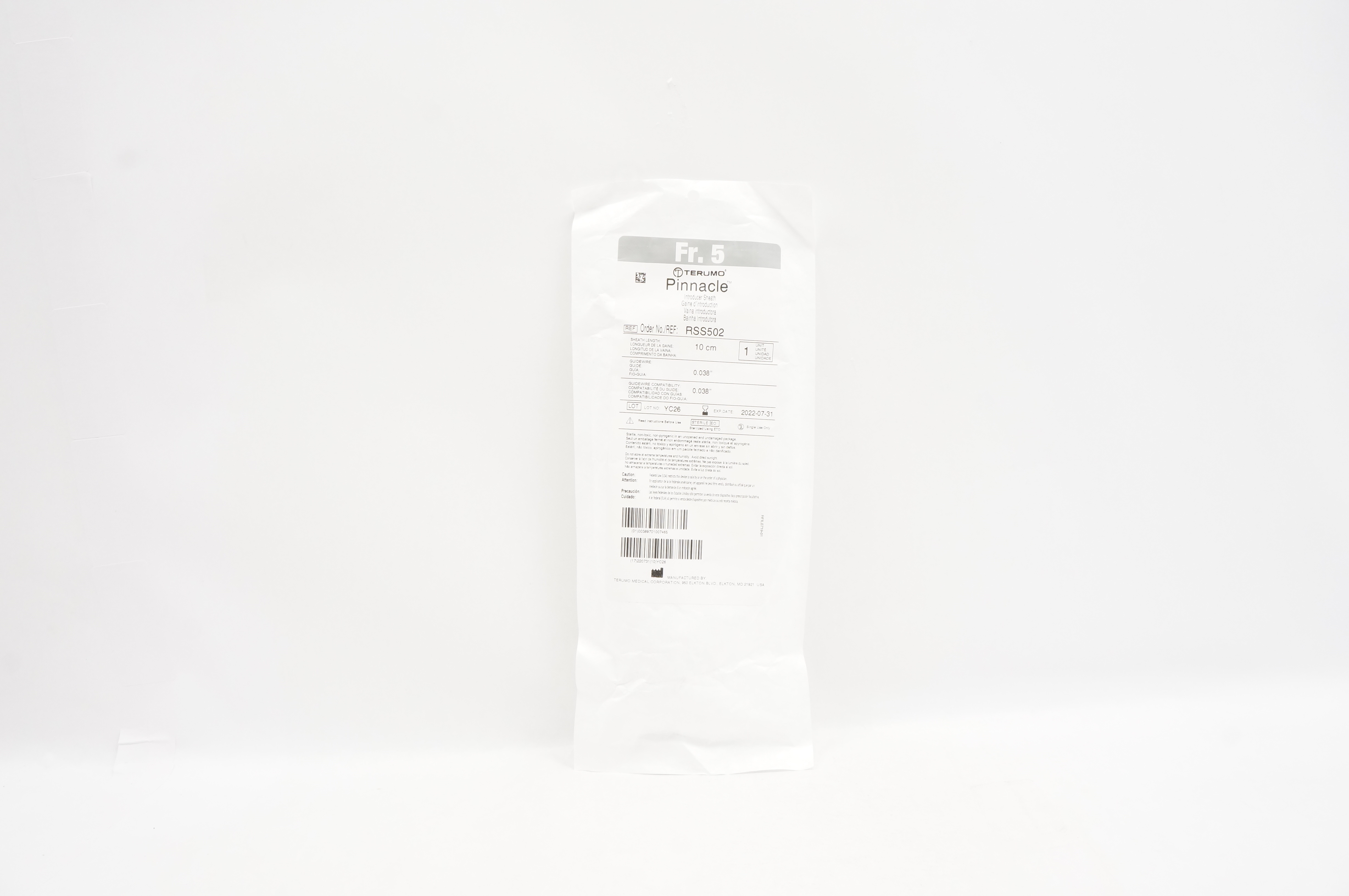 Terumo RSS502 Pinnacle Introducer Sheath 5Fr. x 0.038inch x 10cm