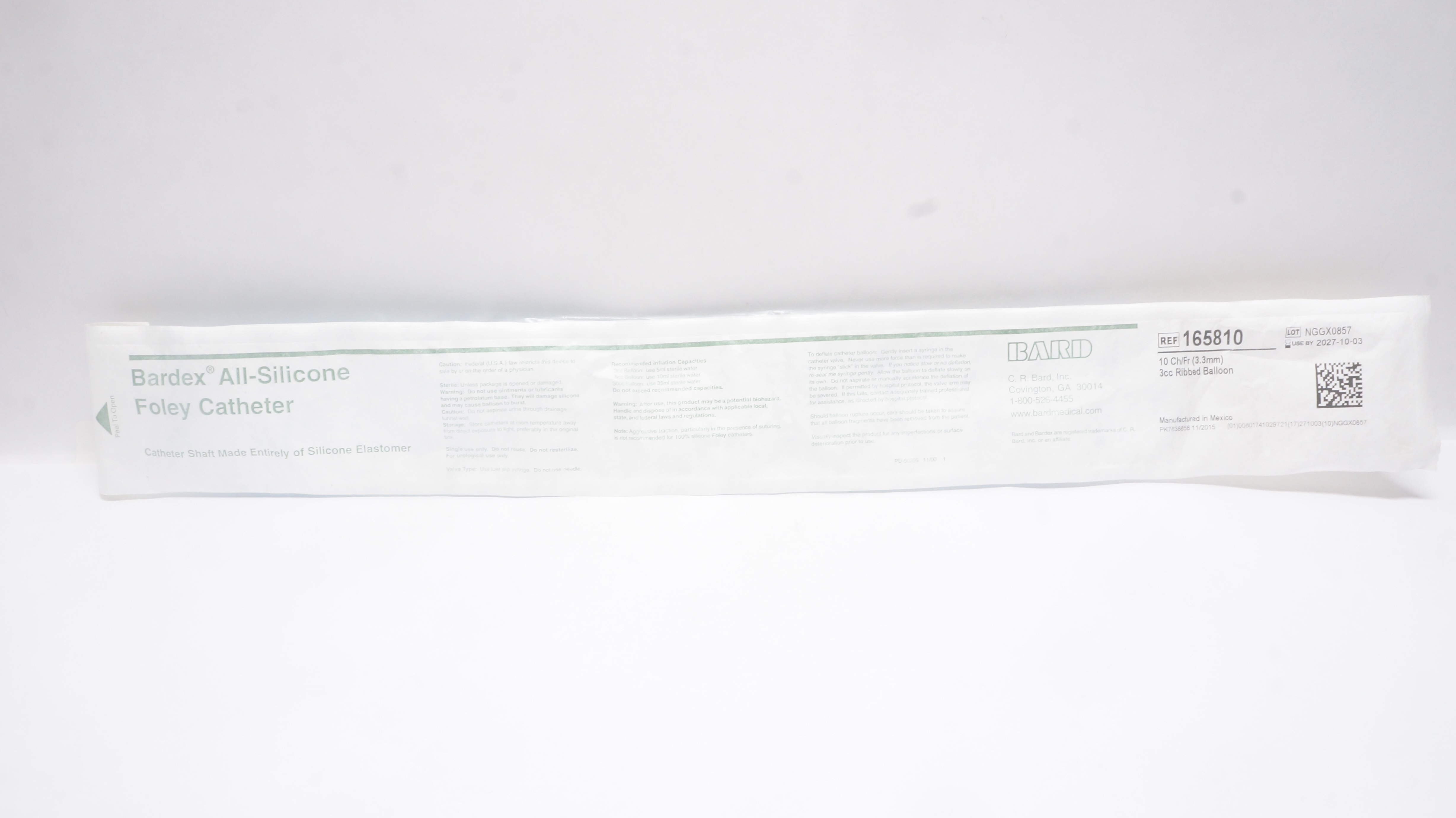 Bard 165810 Bardex All-Silicone Foley Cath. 10Ch/Fr 3cc Ribbed Balloon