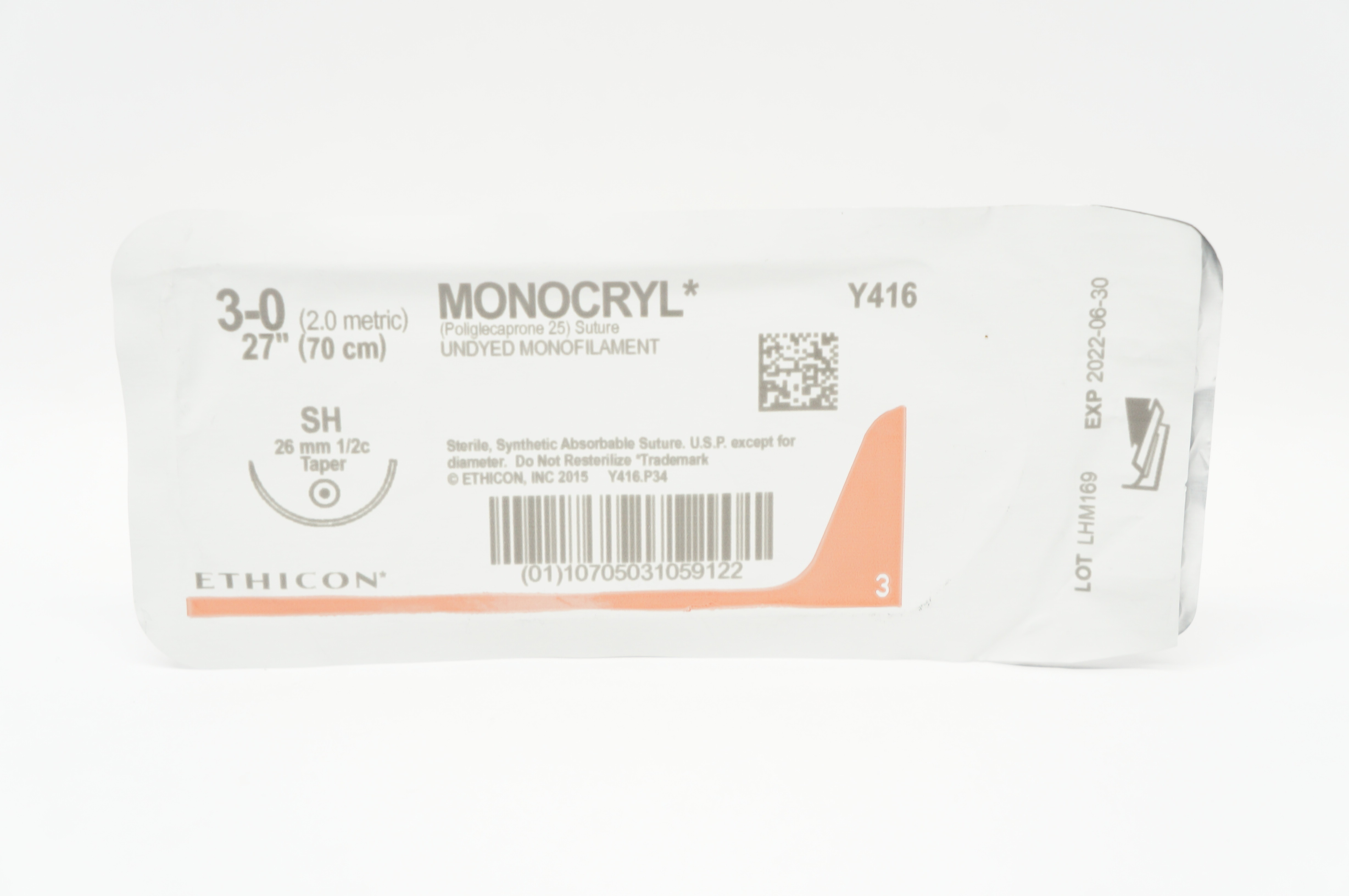 Ethicon Y416 3-0 Monocryl Poliglecaprone 25 Stre SH 26mm 1/2c Taper, 27 inch (x)