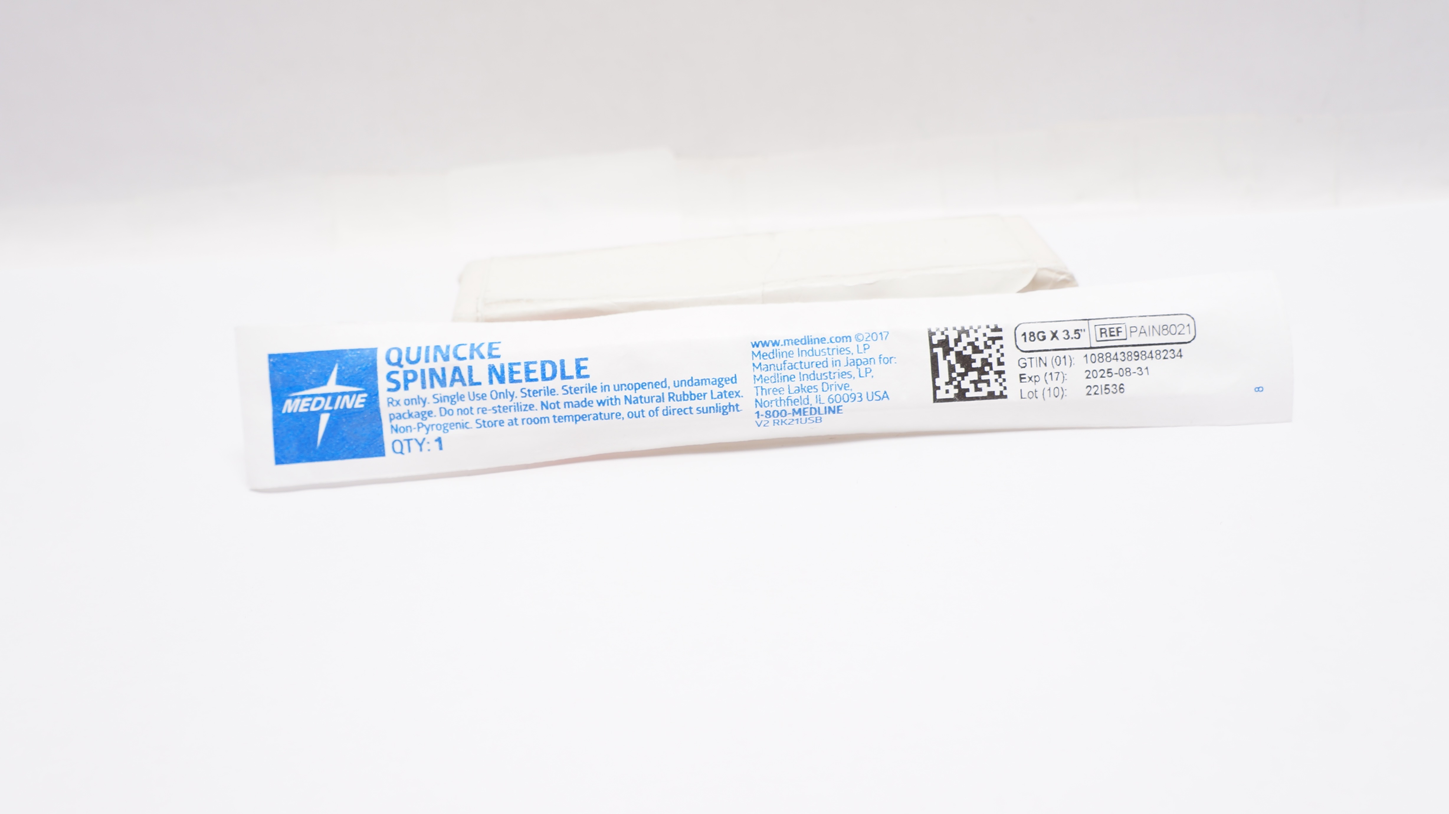 Medline PAIN8021 Quincke Spinal Ndle. 18G x 3.5inch