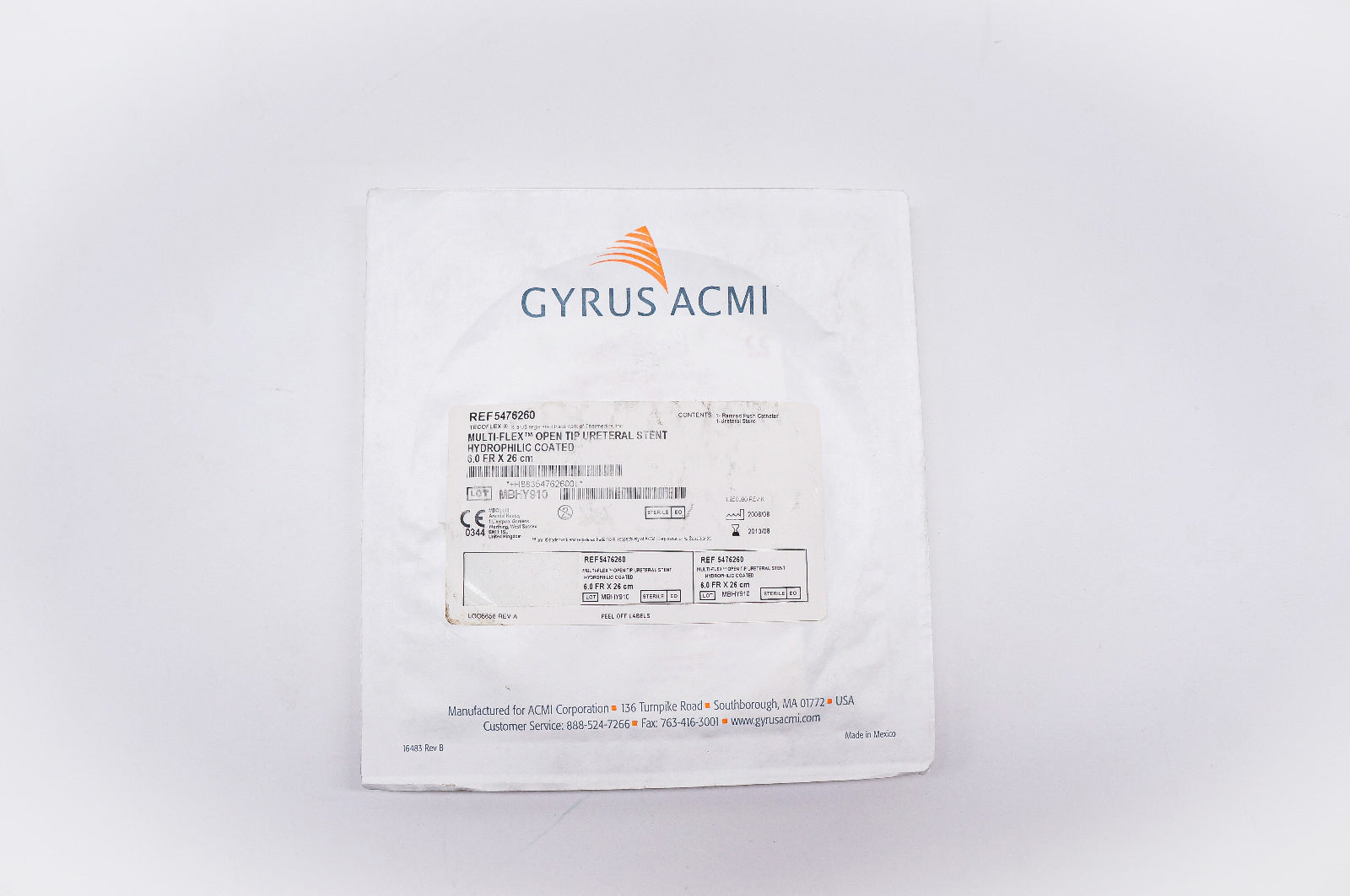 Gyrus ACMI 5476260 MULTI-FLEX Open Tip Ureteral Stnt Hydrophilic 6.0Fr x 26cm(x)