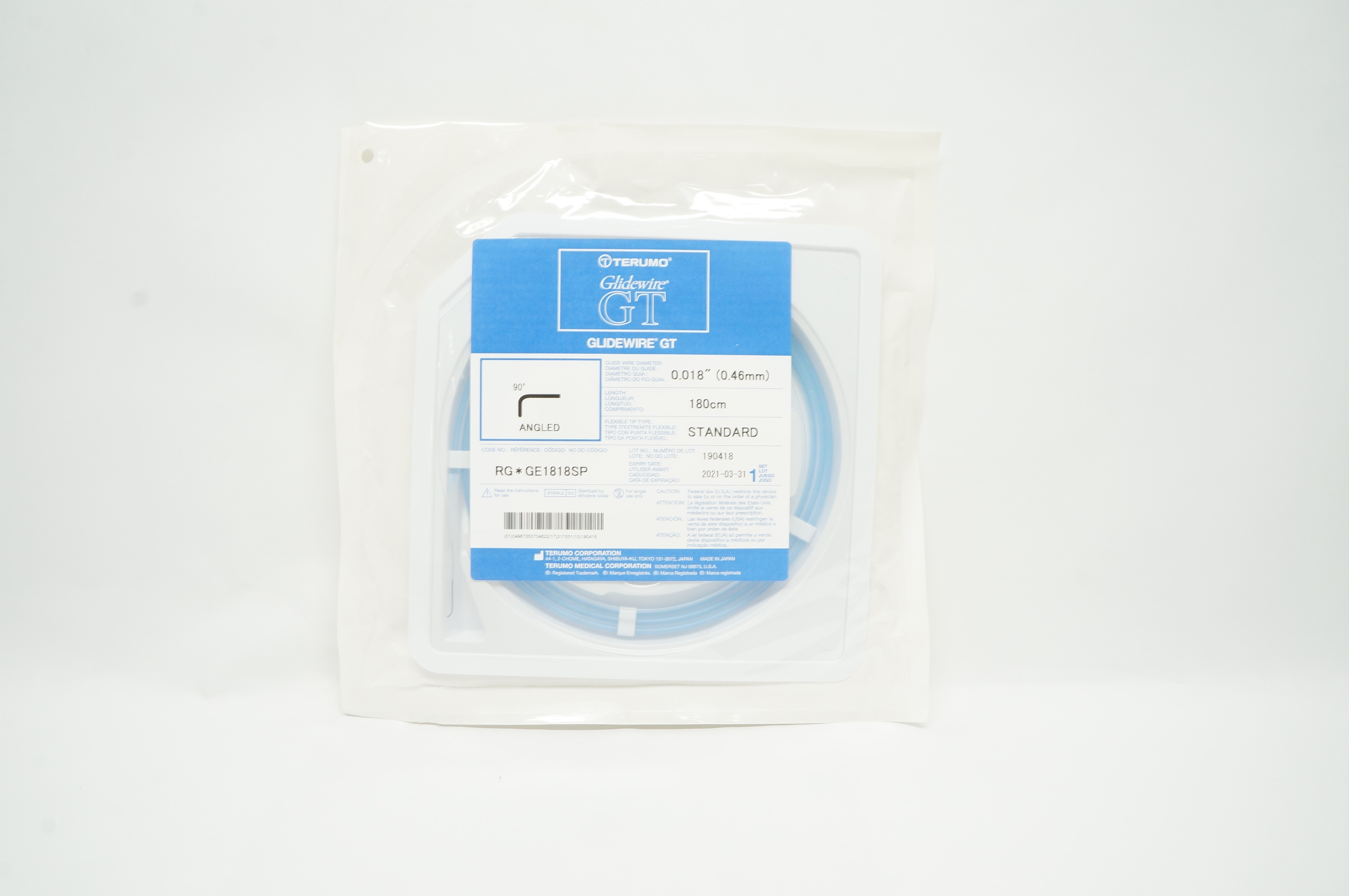 Terumo GE1818SP Glidewire GT Standard Angled 90 Degree 180cm x 0.018 inch (x)