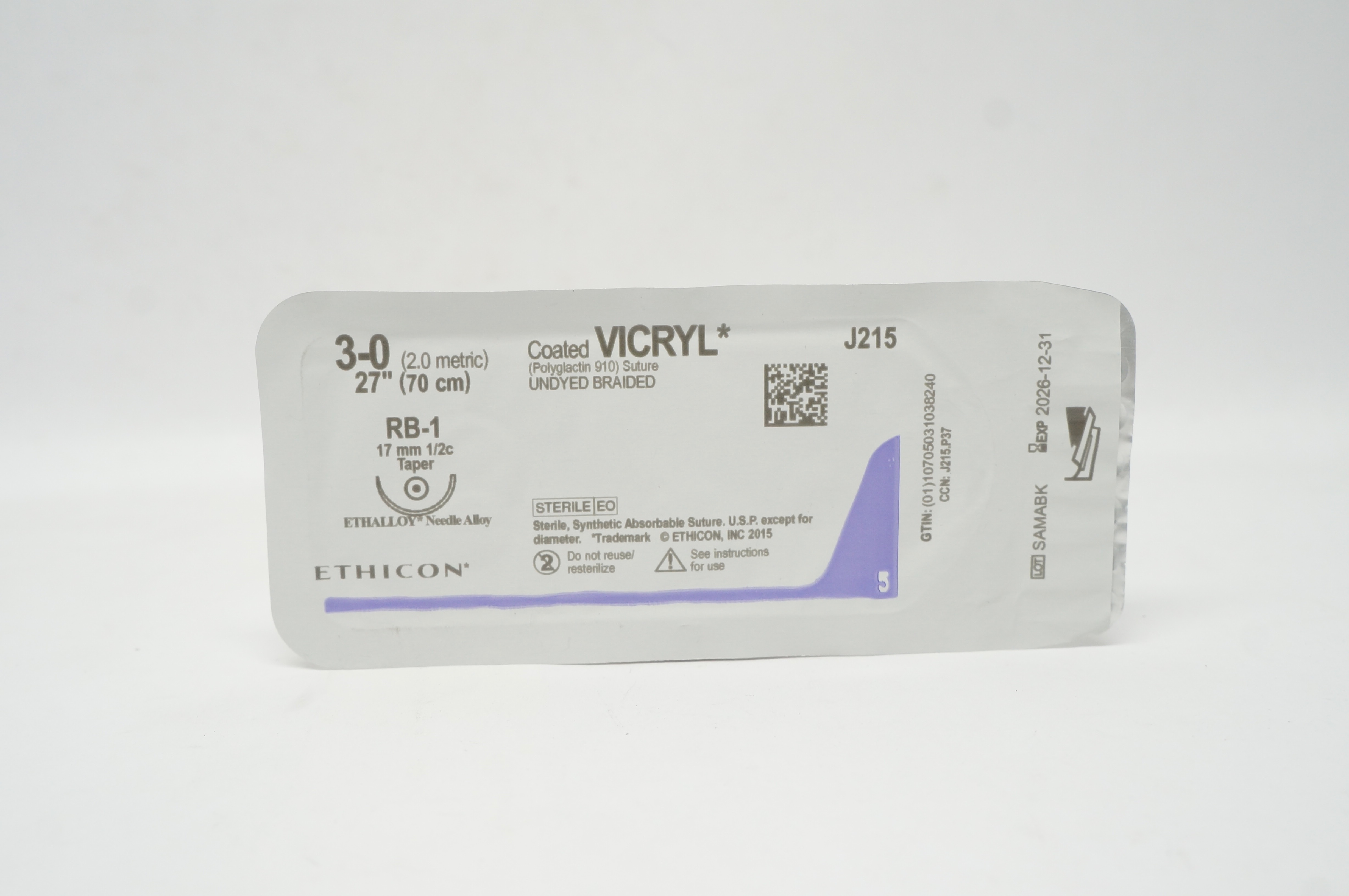 Ethicon J215 3-0 Coated VICRYL, RB-1, 17mm 1/2c Taper, 27inch