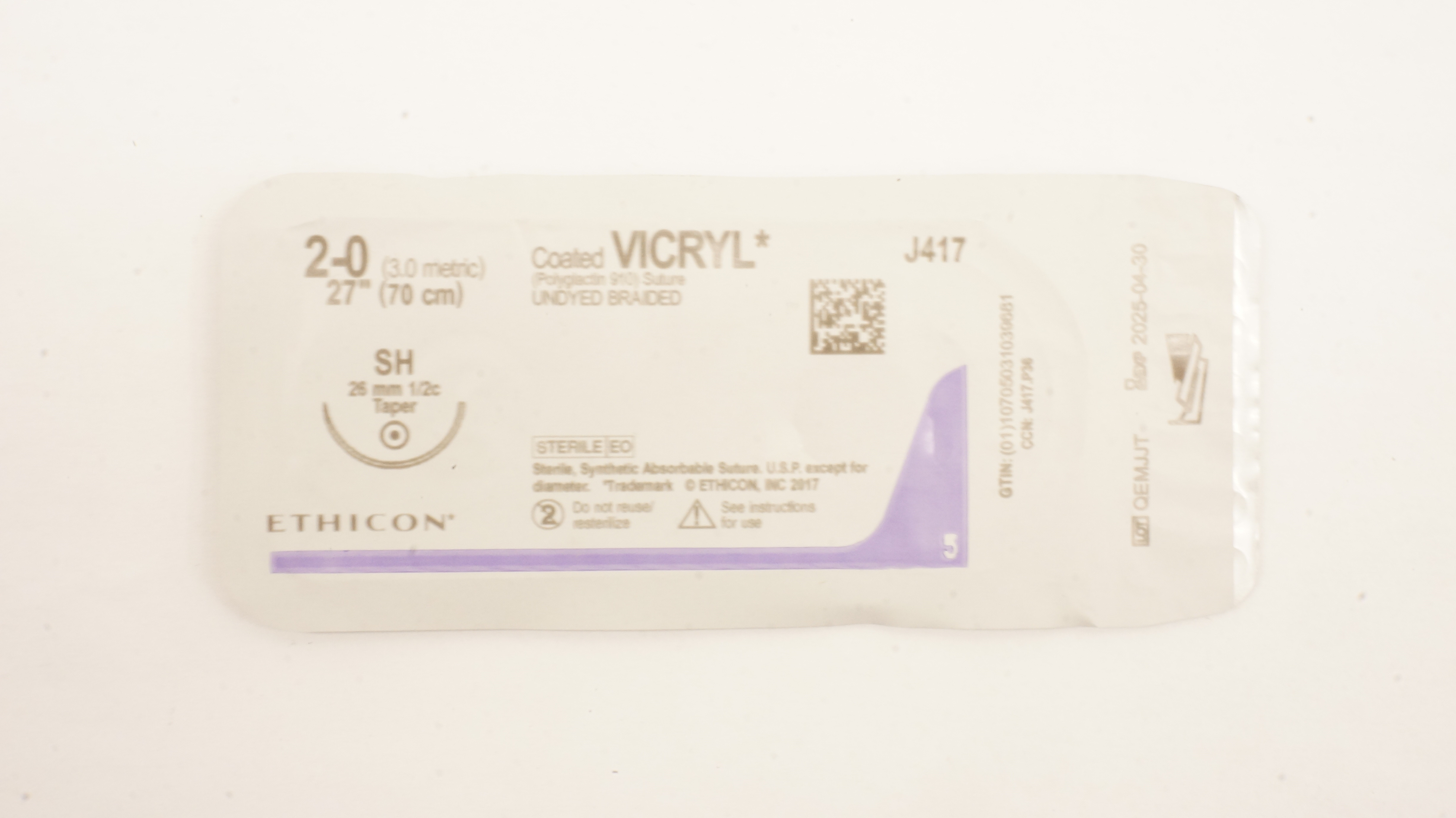 Ethicon J417 2-0 Coated VICRYL SH 26mm 1/2c Taper, 27inch