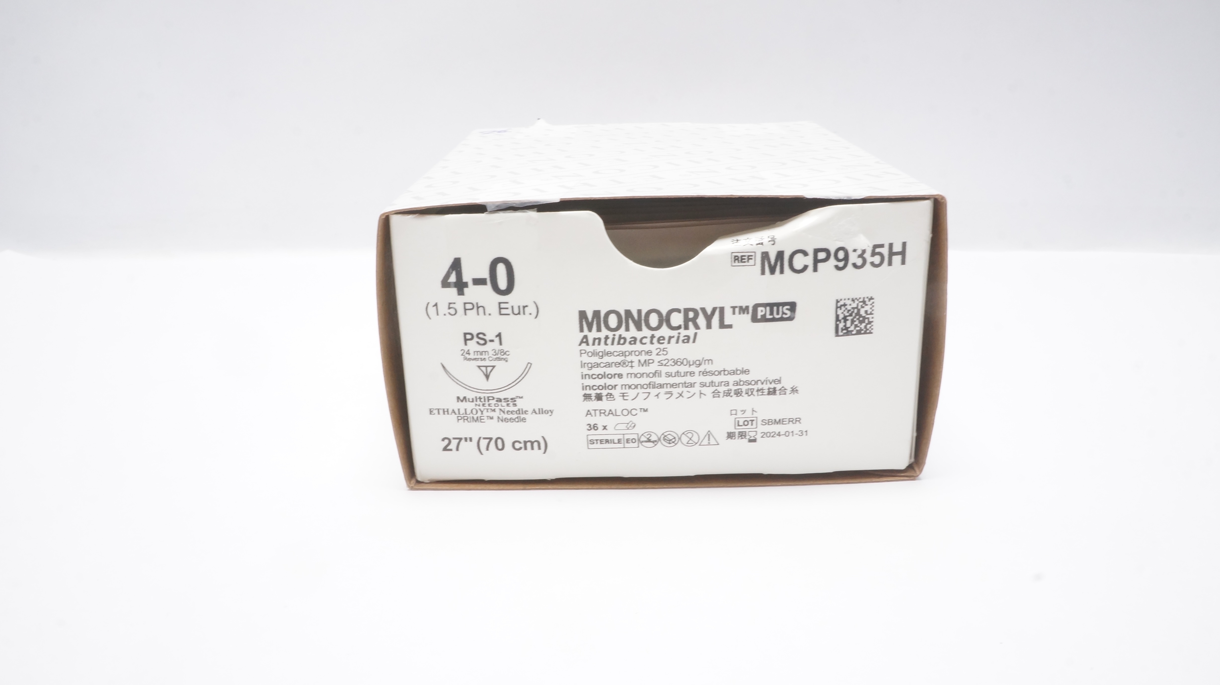 Ethicon MCP935H 4-0 Monocryl PS-1 24mm 3/8c Reverse Cutting 27inch(x)- Box of 28