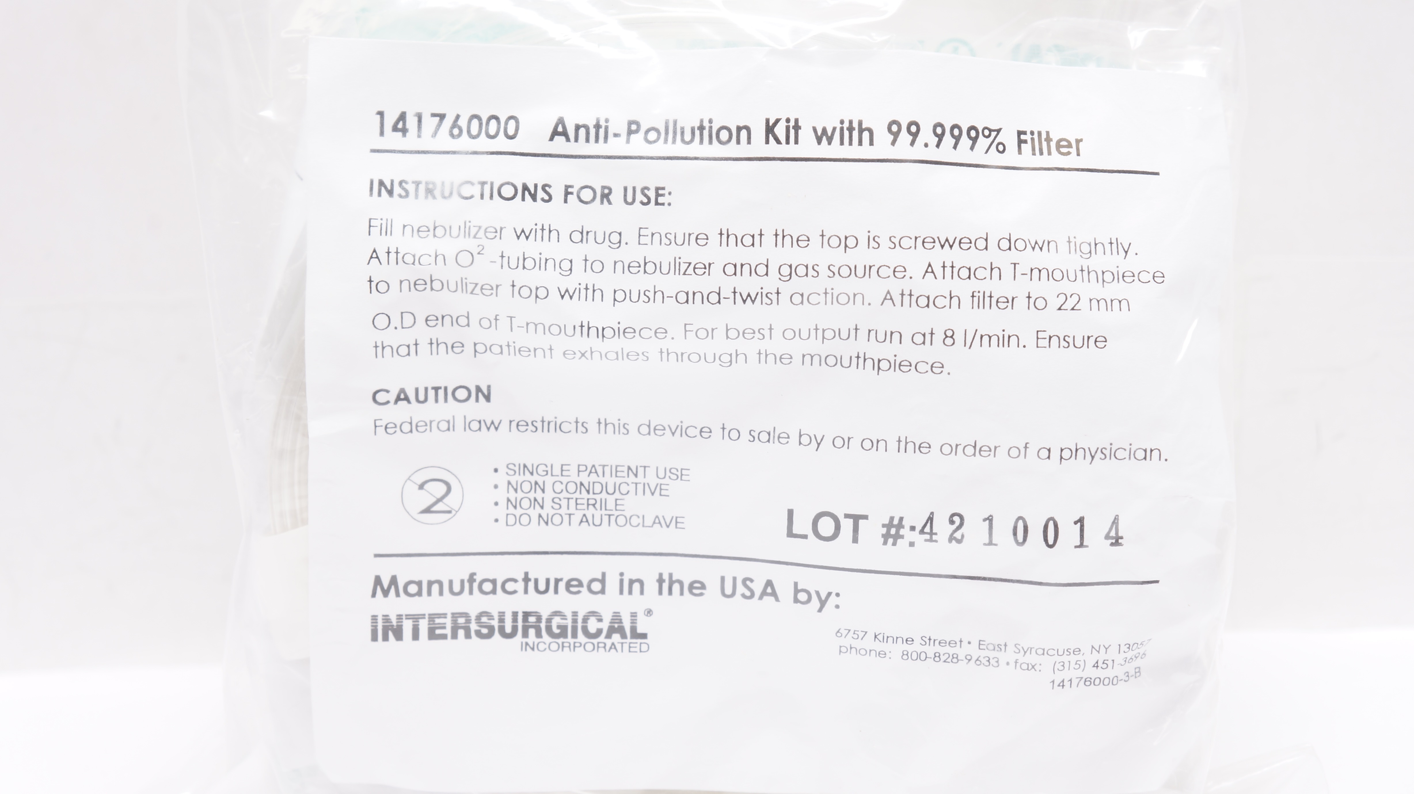Intersurgical 14176000 Anti-Pollution Kit w/ 99.999% Filter