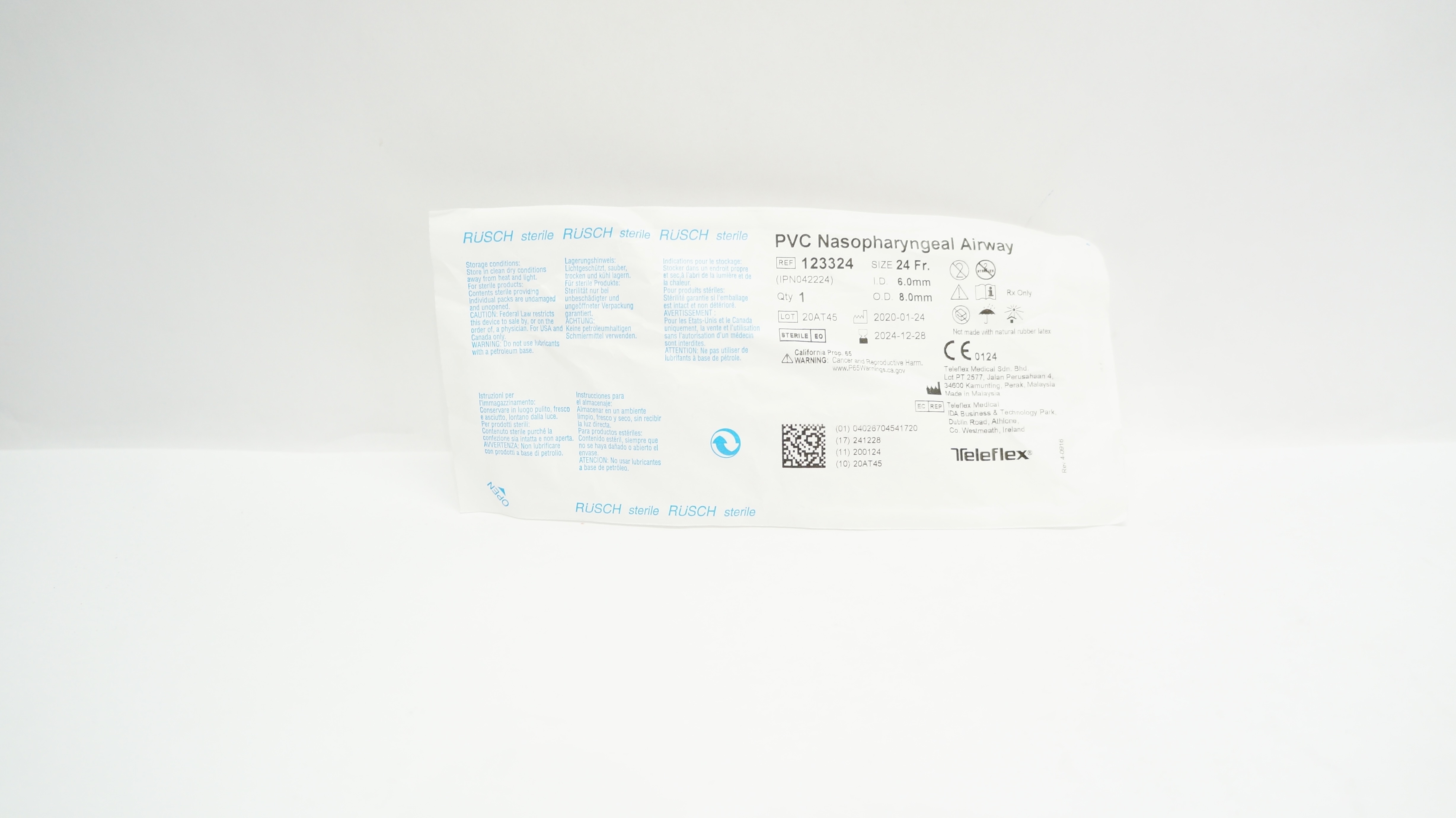 Teleflex 123324 Rusch PVC Nasopharyngeal Airway 24 Fr x 6.0mm ID x 8.0mm OD
